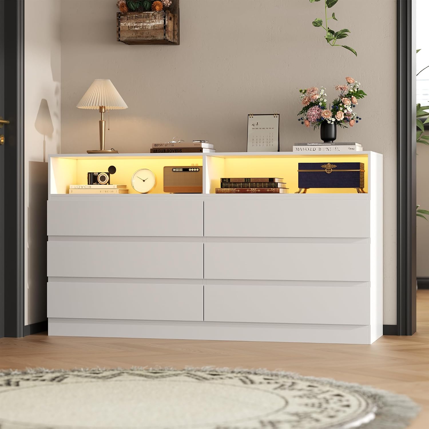 Gyfimoie 6 Drawer Dresser with Power Outlet, Modern White Dresser Chest of Drawers with LED Ligh, Wooden Dressers TV Stand, Double Wide Dressers Organizer for Bedroom, Living Room, Entryway