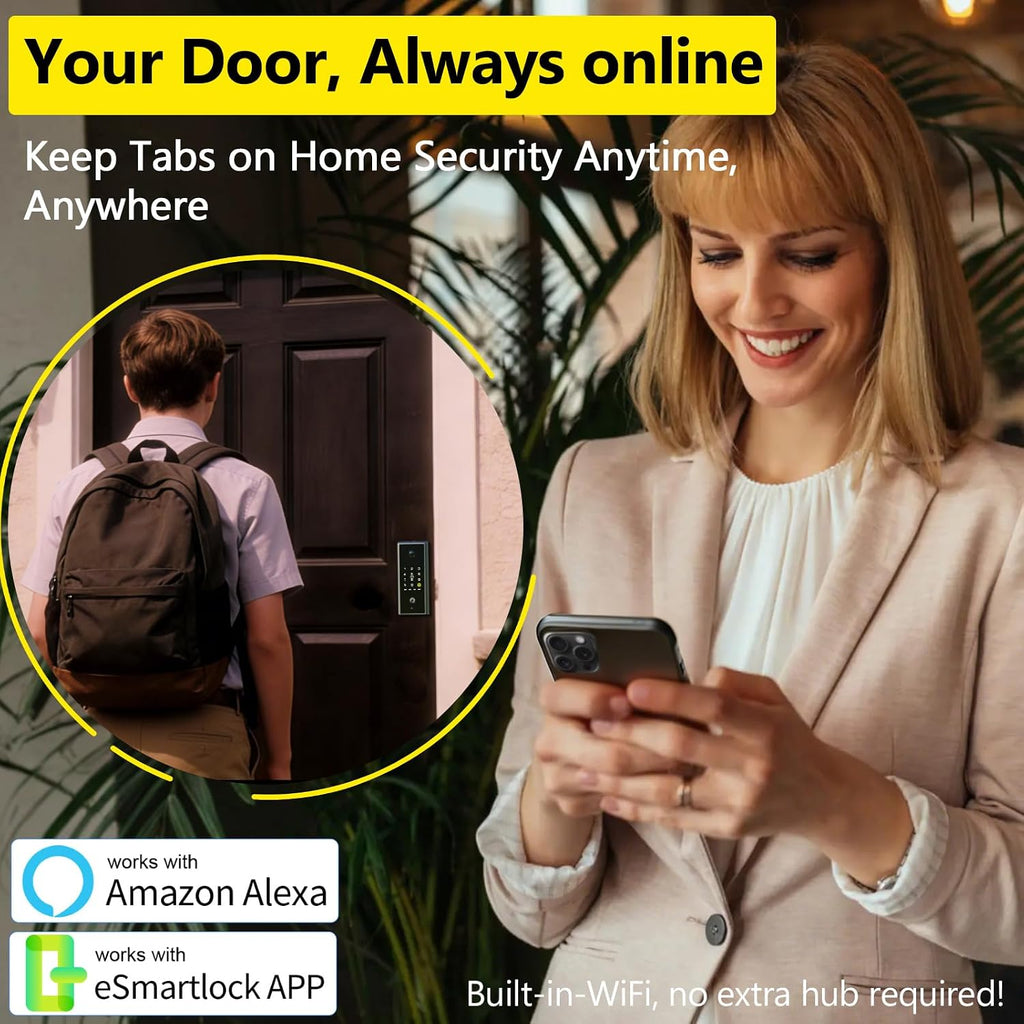Eseesmart WiFi Video Smart Lock with Camera & Doorbell, Keyless Entry Door Lock with Smart Lock Sensor, 10000mAh Rechargeable Battery, Two-Way Audio, 8 Ways to Unlock, App Remote Control