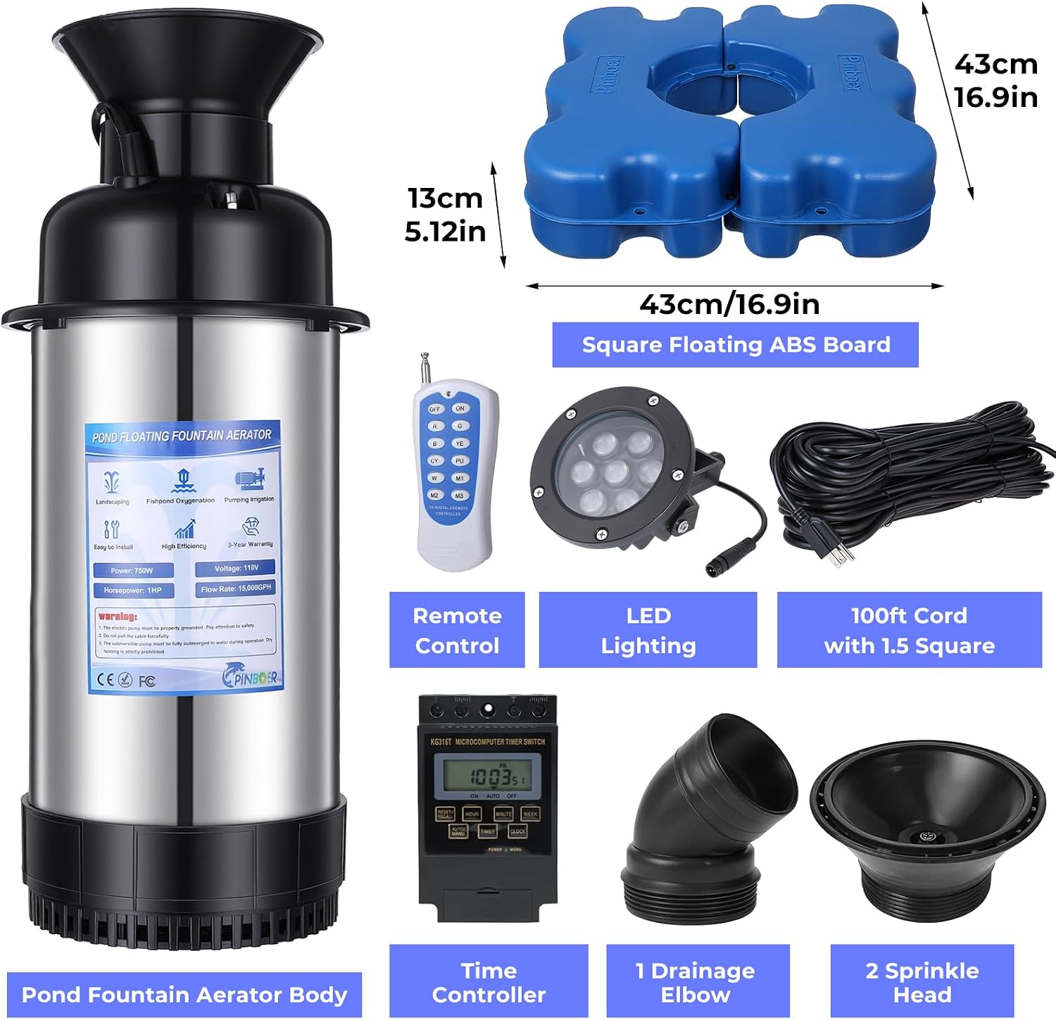 Pond Fountain Aerator with Led Lights RGB-15000 GPH,110V 1HP 750W Floating Fountain Aeration for Large Ponds,Aerating Fountain Pump for Outdoor Ponds & Lakes with 15A/100FT Power Cord
