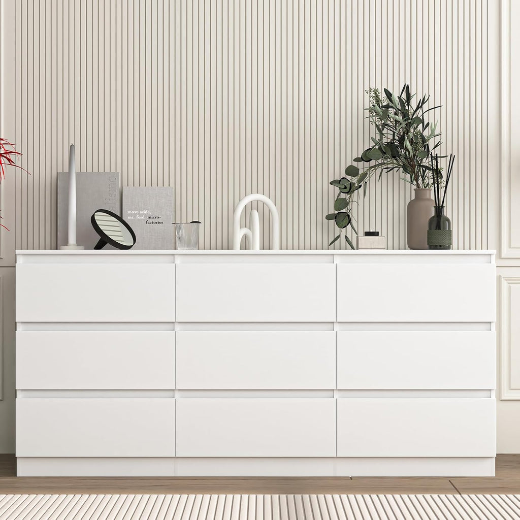 Vibe & Dine White Dresser 9 Drawer, Modern Long Dresser for Bedroom, Wood Chest of Drawers with Wide Storage for Living Room
