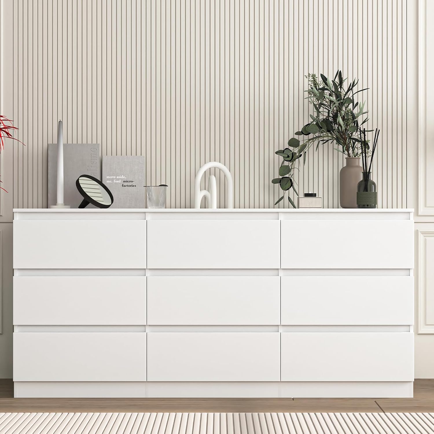 Vibe & Dine White Dresser 9 Drawer, Modern Long Dresser for Bedroom, Wood Chest of Drawers with Wide Storage for Living Room
