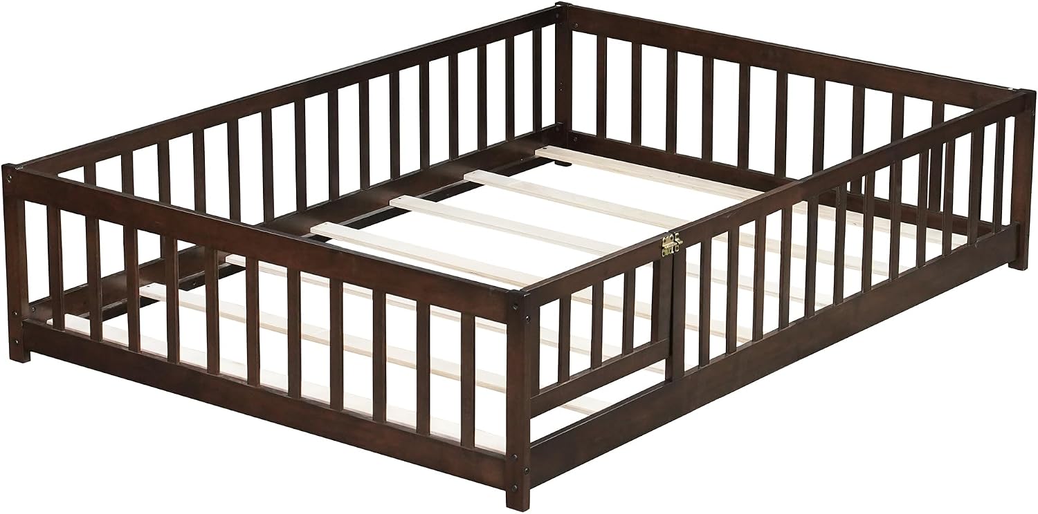Bellemave Full Size Floor Bed with Door and Fence for Kids, Montessori Floor Bed with Slats and Safety Guardrails,Solid Wood Full Bed Frame for Girls Boys(Full,Espresso)