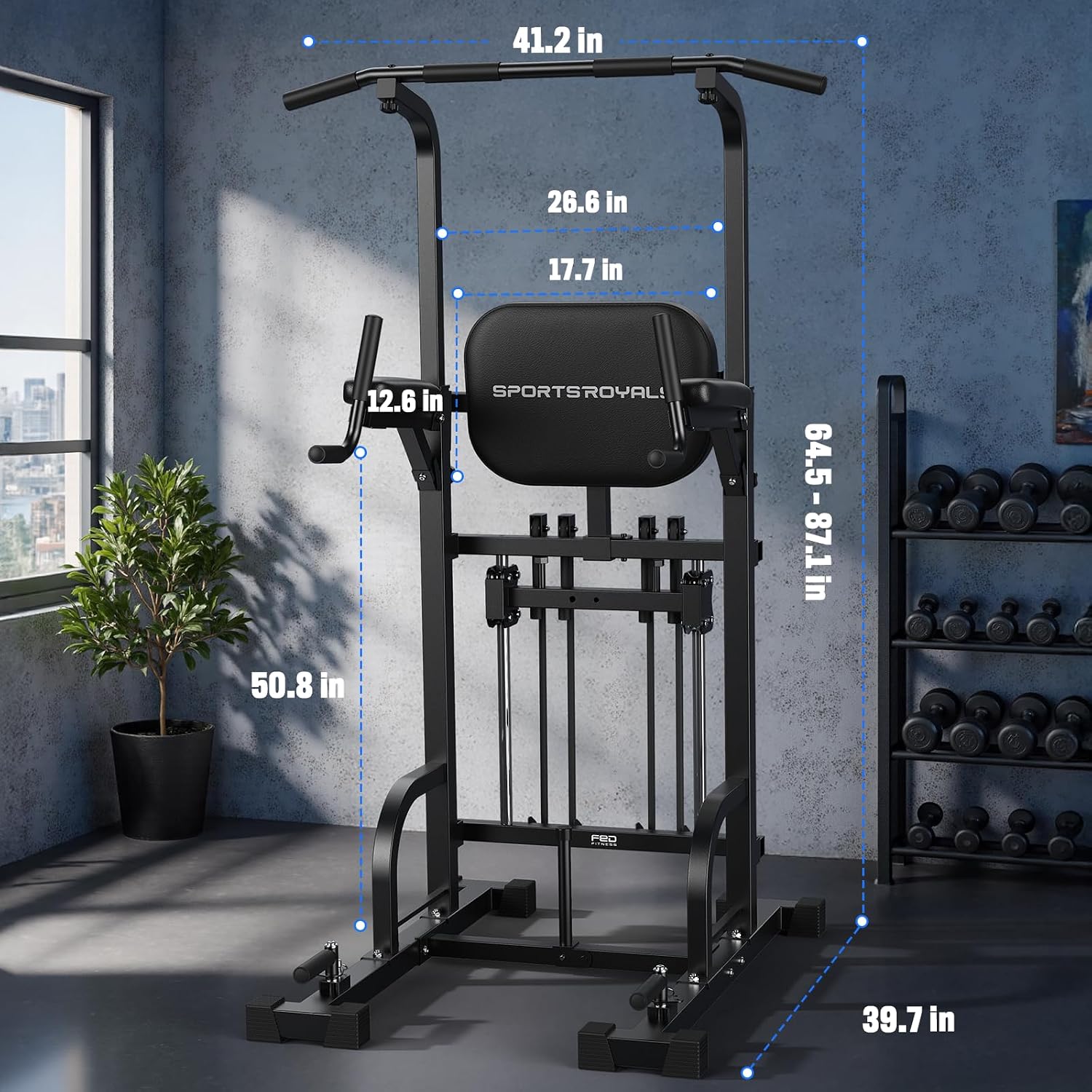 Sportsroyals Power Tower Pull Up Bar Station, 450LBS Stable Pull Up Dip Station for Home Gym Strength Training Equipment | FED Fitness