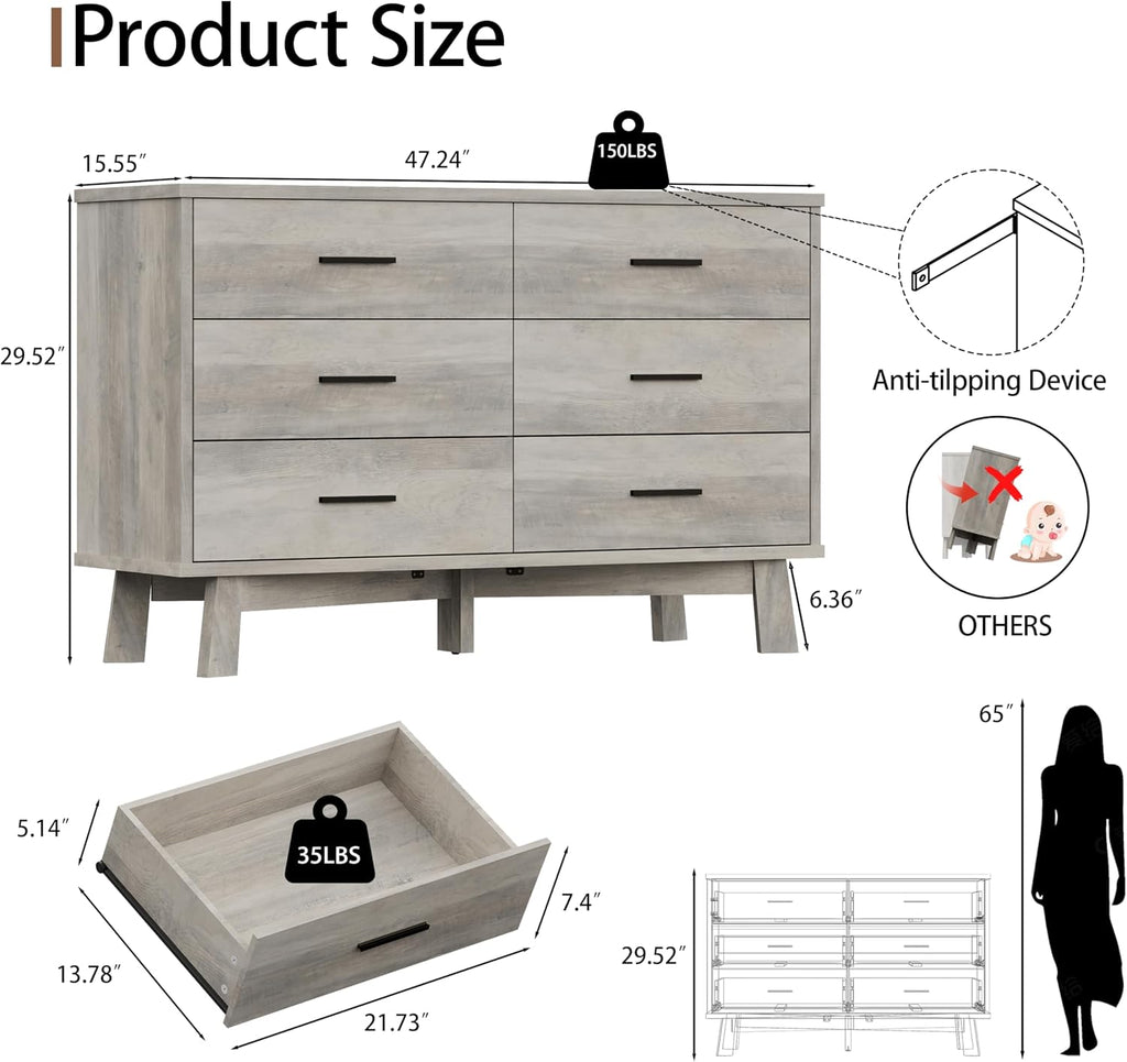 Xixini Dresser for Bedroom, 6 Drawer Wide Modern Chest of Drawers with X-Shaped Sturdy Base, Wood Double Dresser Closet Clothes Storage Organizer, Wooden TV Stand for Living Room, Hallway, Grey