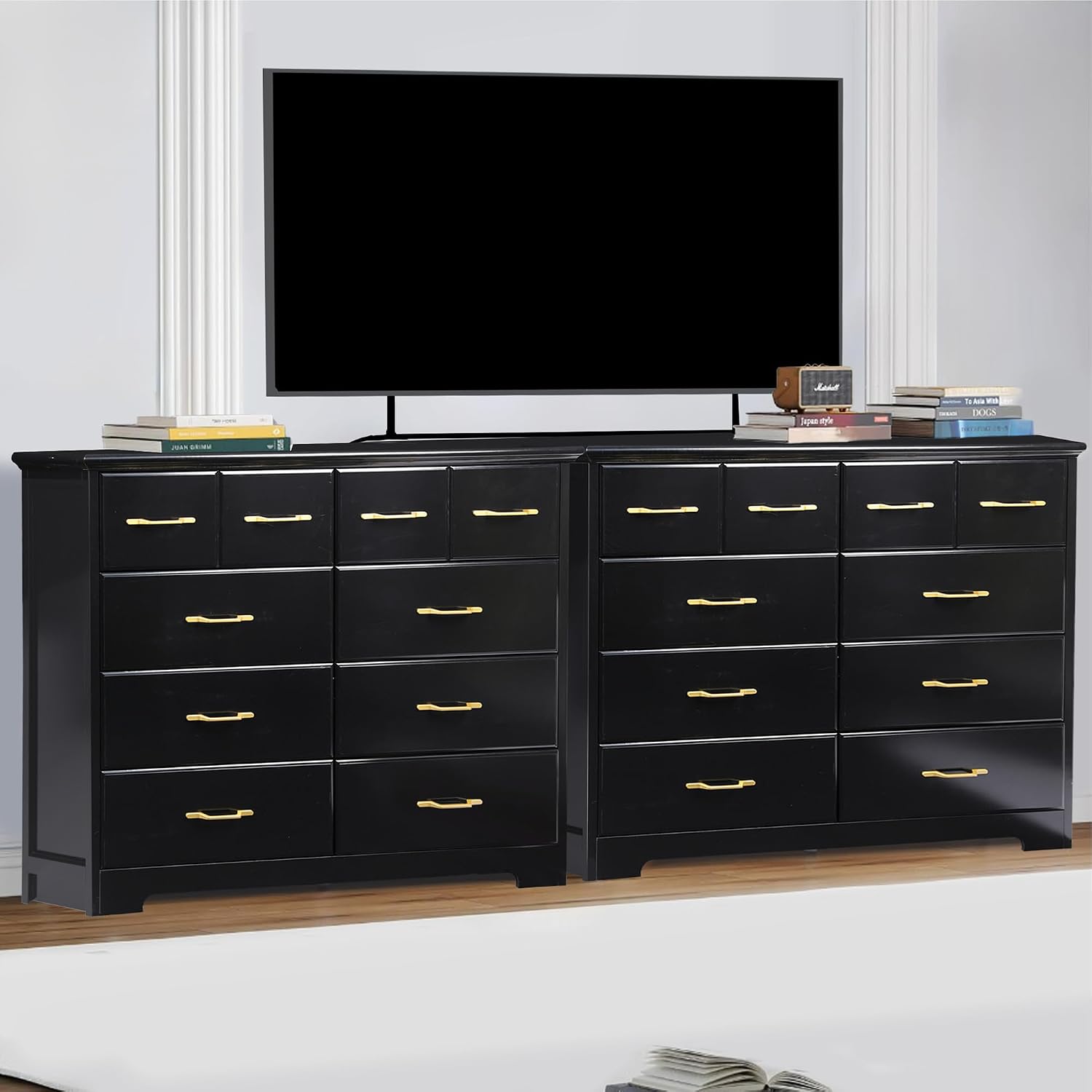NEDYO 8 Drawer Dressers for Bedroom, 40 Inch Large Wide Dresser, Mid Century Modern Drawer Chest with Gold Hardware, Wooden Chest of Drawers. Black