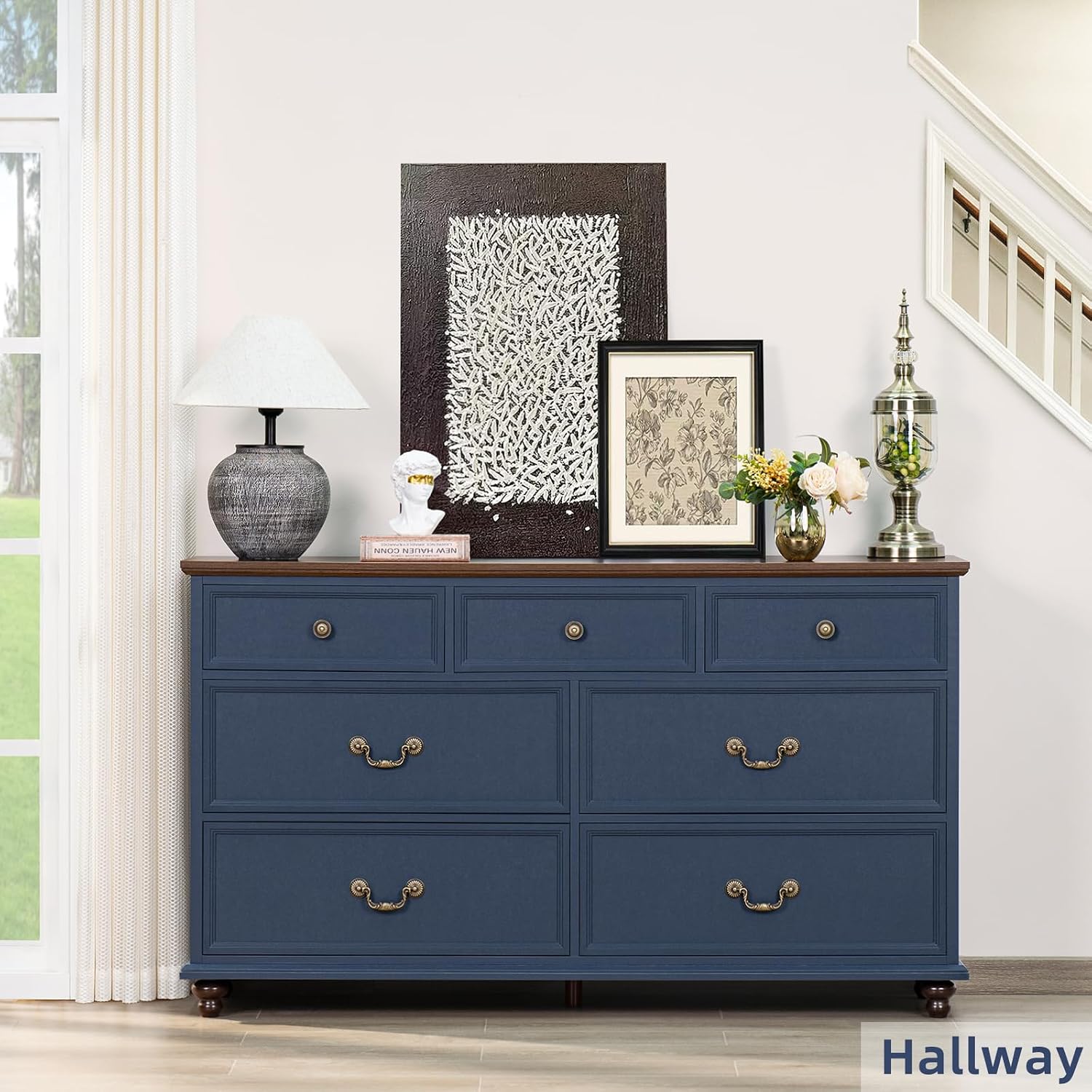 Joaxswe Farmhouse 54' 7 Drawers Dresser for Bedroom, Wide Chest of Drawers w/ 4 Wooden Legs, Vintage Rustic Large Closet Storage Dressers Organizer for Hallway, Wood TV Stand for Living Room, Blue