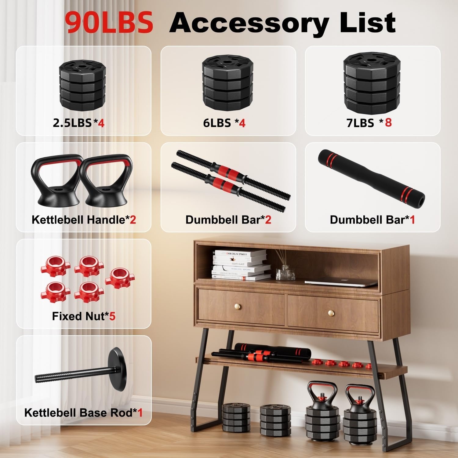Adjustable dumbbell set, 20/30/45/70/90lbs Free Weight Set with Connector, 5 in1 Multi-Function Dumbbells Set Used as Barbell & Kettlebell, Push up Stand, Fitness for Home Gym Suitable Men/Women