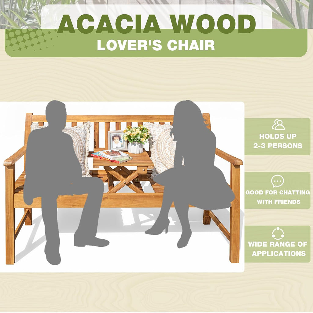 Greesum Outdoor Bench 2-Person Acacia Garden Chair Patio Porch Furniture with Foldable Small Table Plate for Deck, Yard, Balcony, Natural