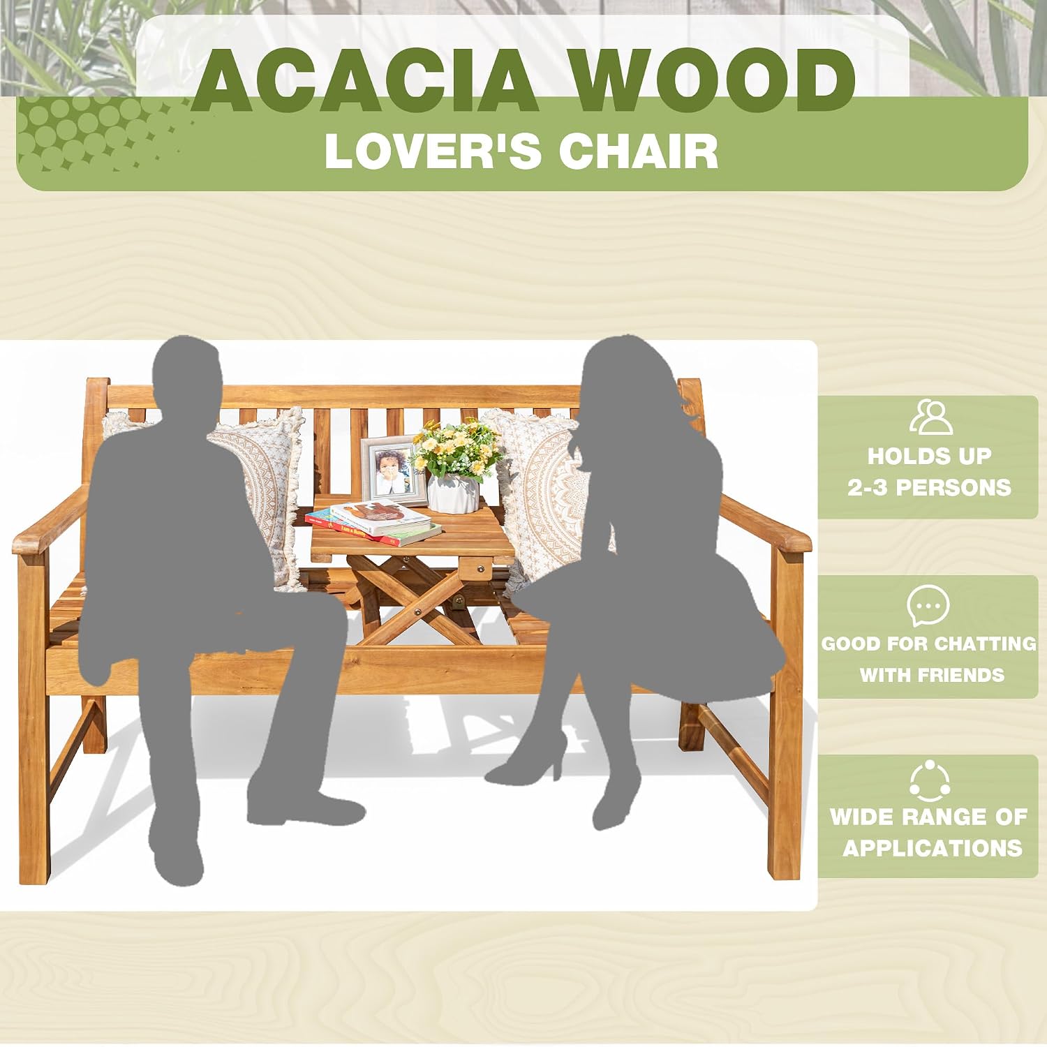 Greesum Outdoor Bench 2-Person Acacia Garden Chair Patio Porch Furniture with Foldable Small Table Plate for Deck, Yard, Balcony, Natural