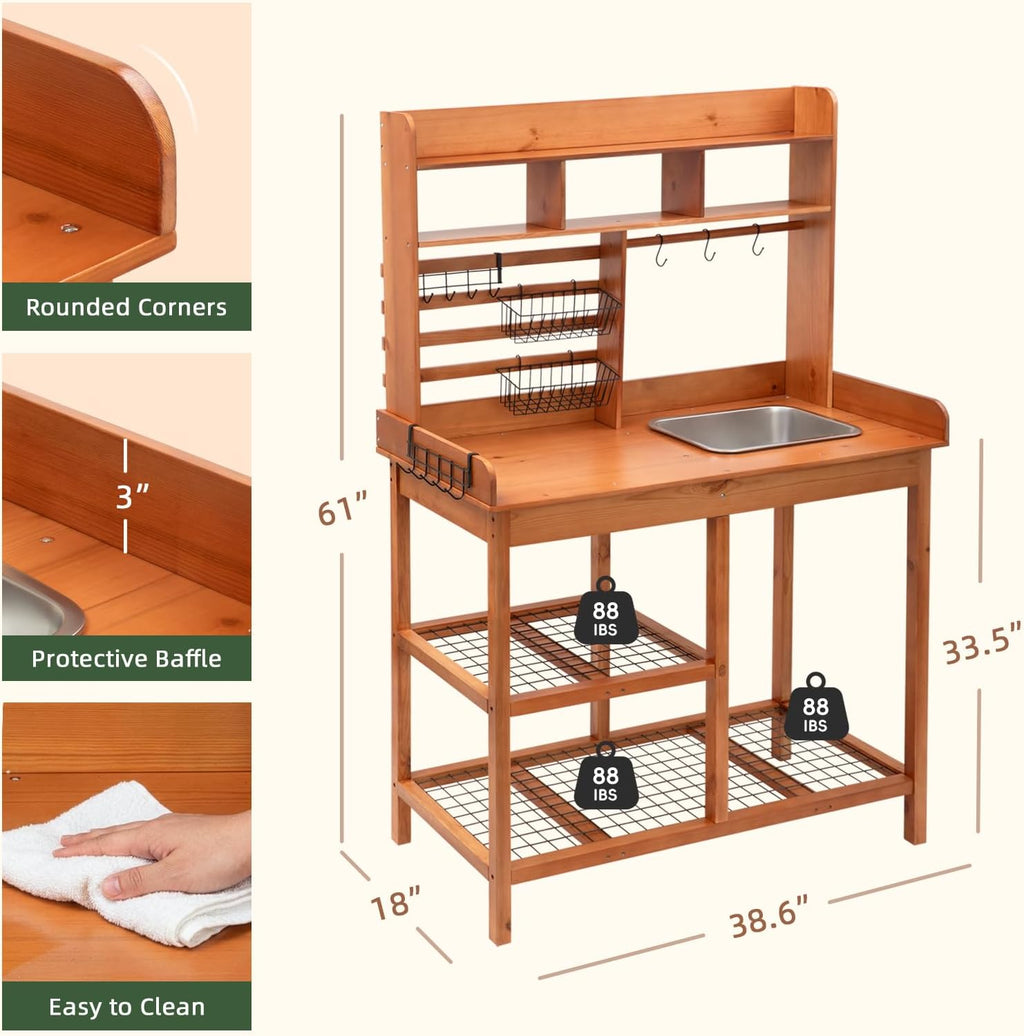 OOOK Potting Bench, Nordic Scots Pine Potting Table, Removable Sink, Workstation for Outside Patio Lawn, Wooden Garden Work Station