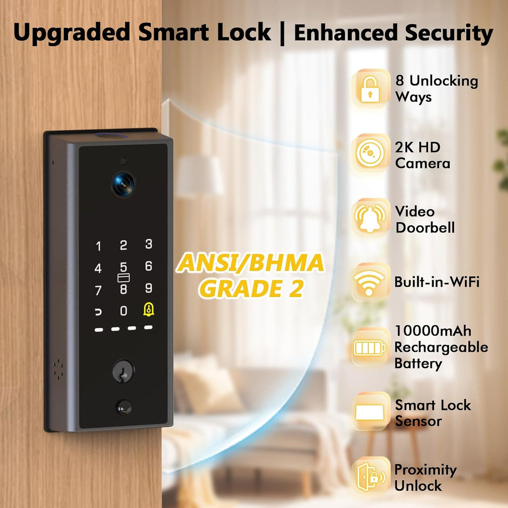 Eseesmart WiFi Video Smart Lock with Camera & Doorbell, Keyless Entry Door Lock with Smart Lock Sensor, 10000mAh Rechargeable Battery, Two-Way Audio, 8 Ways to Unlock, App Remote Control