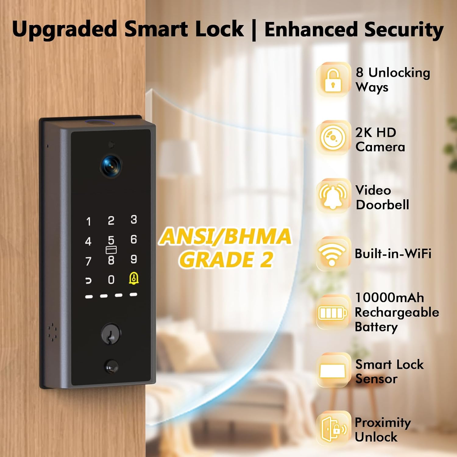Eseesmart WiFi Video Smart Lock with Camera & Doorbell, Keyless Entry Door Lock with Smart Lock Sensor, 10000mAh Rechargeable Battery, Two-Way Audio, 8 Ways to Unlock, App Remote Control