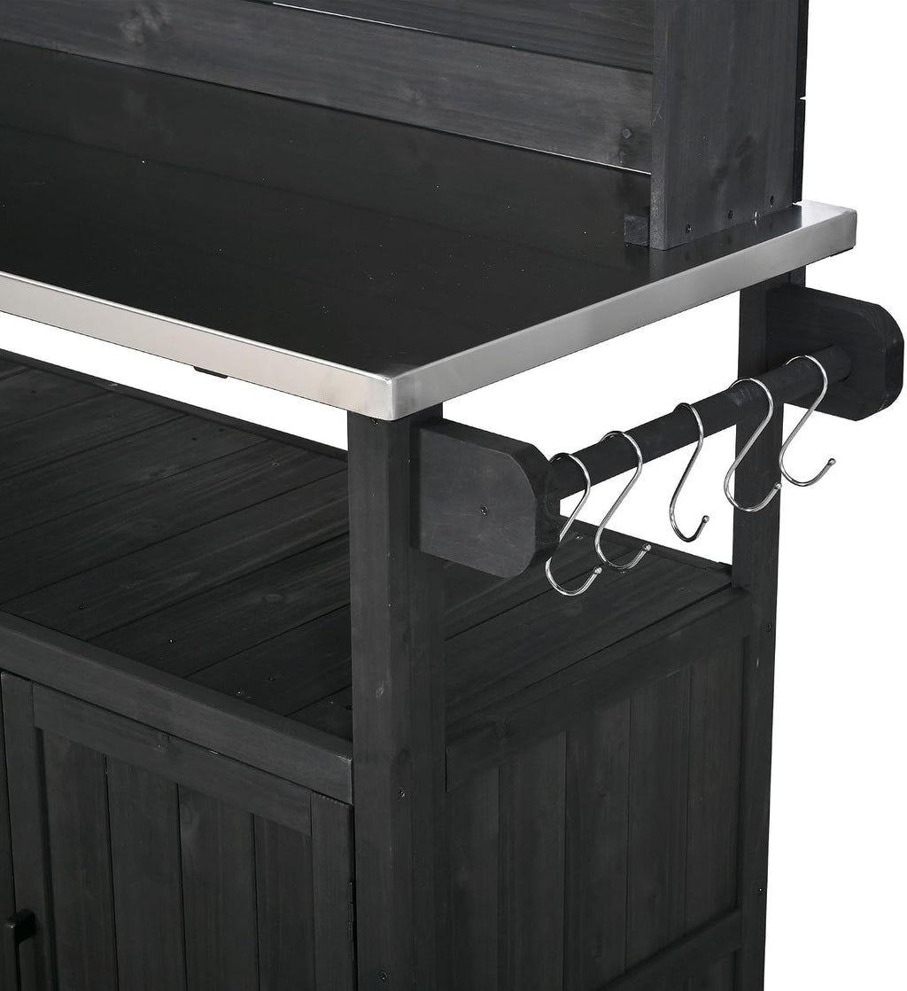 Potting Benches for Outside with Stainless Steel Top, 65''H Fir Wood Potting Bench with Storage, Outdoor Gardening Table (Black)