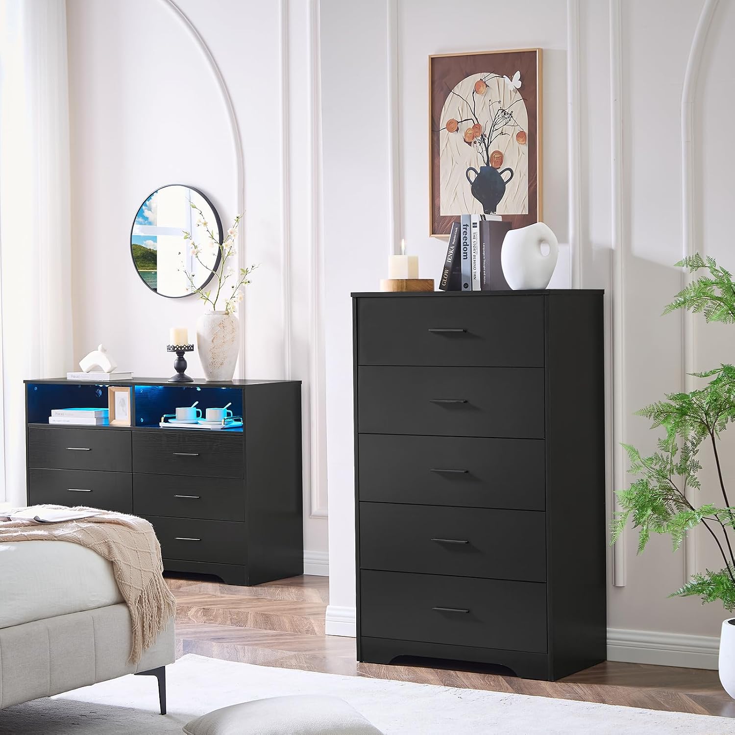 LIDYUK Black Dresser for Bedroom, 5 Drawer Dressers & Chests of Drawers, Modern Wood Dresser, 47 Inches Tall Chest of Drawers for Bedroom, Hallway, Living Room