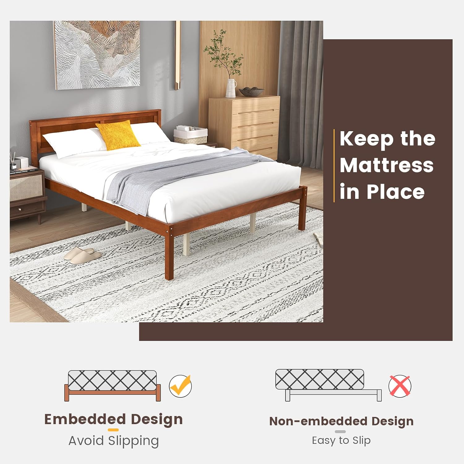 KOMFOTT Queen Size Wood Platform Bed Frame with Headboard, Solid Wood Bed Frame with Slat Support, 10-Leg Support, Under Bed Storage, 16' Mattress Foundation Bedroom Furniture, No Box Spring Needed
