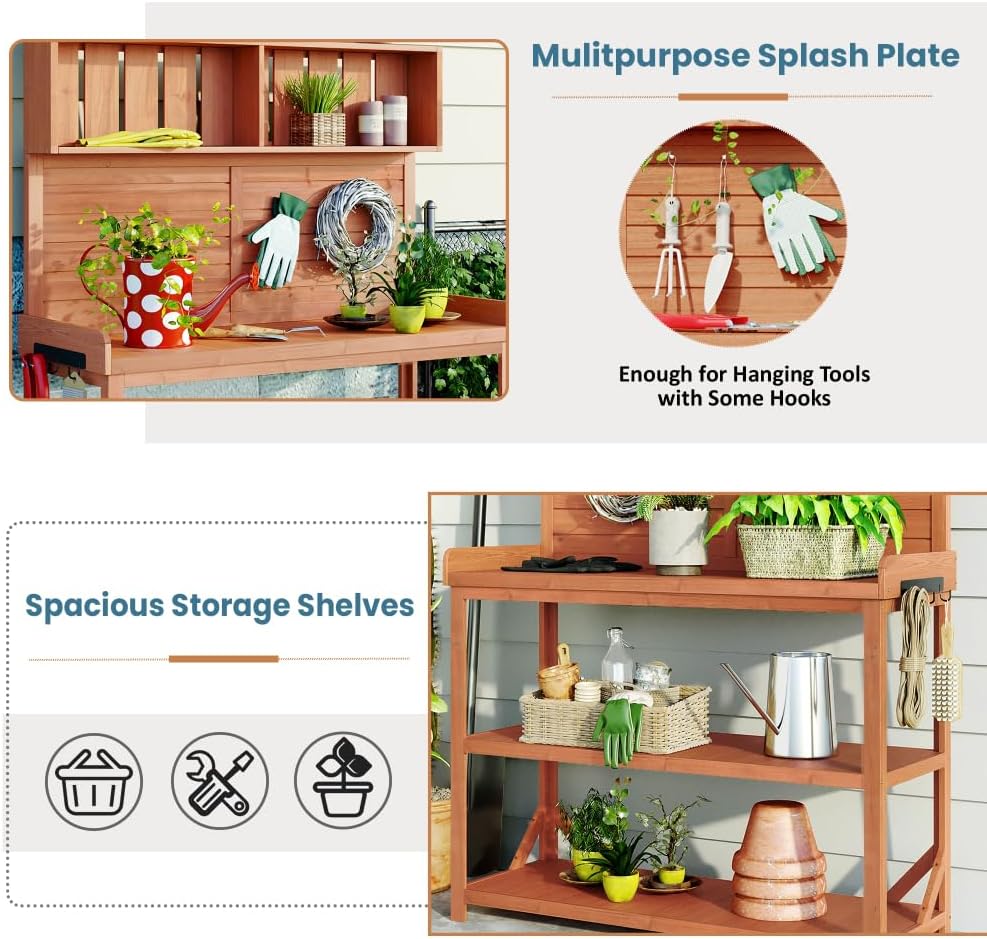 Rustic Wooden Garden Potting Bench with Storage Shelves and Side Hook for Outdoor Patio Workstation and Planting Tasks (Natural + Solid Wood + Wood)