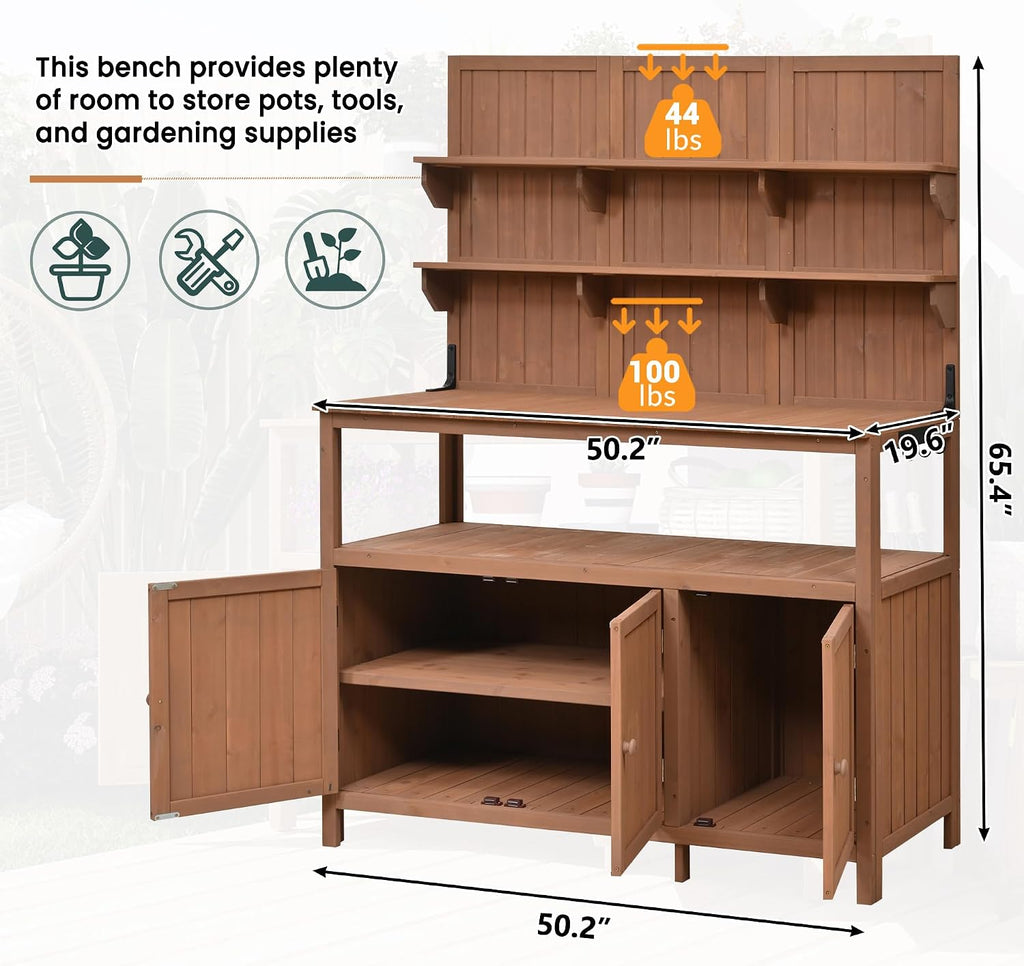 Rustic 50.2' Solid Fir Wood Patio Potting Bench with Hutch,Garden Workstation with Large Countertop,2 Shelves,2 Cabinets,3 Side Hooks,Planting Table for Backyard (Natural#H)