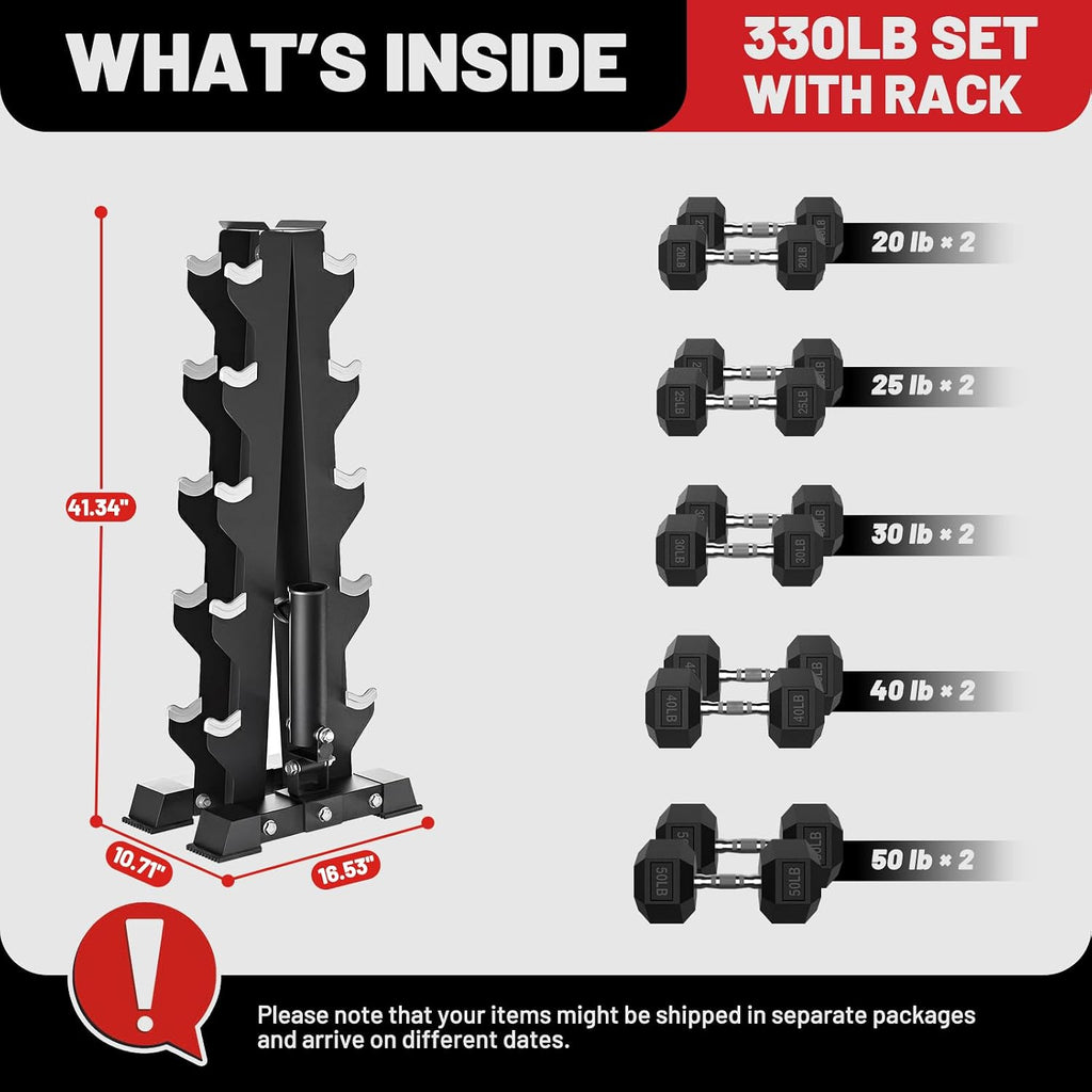 PAPABABE Hex Dumbbell Set with Rack, 85-560lb Rubber Encased Dumbbell Free Weights Dumbbells Set with Storage Rack, Hand Weights Set for Strength Training
