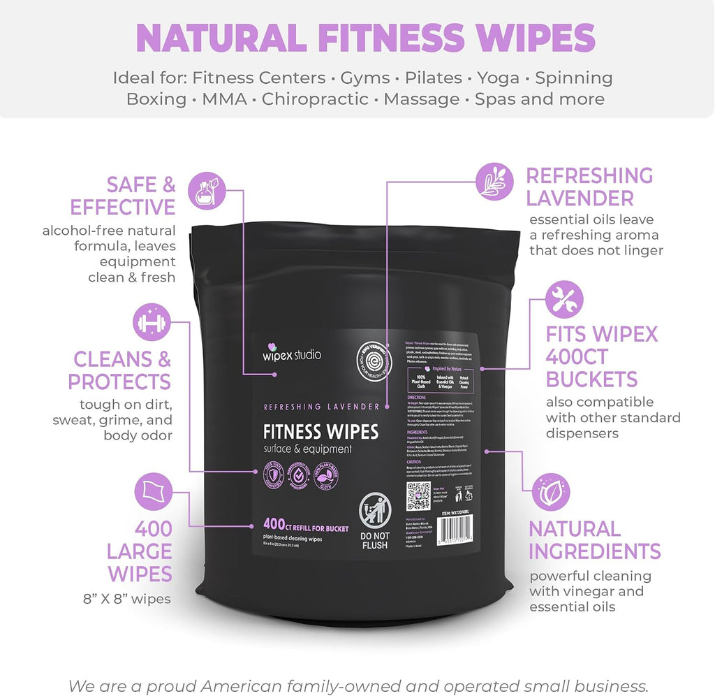 Wipex Gym Wipes for Equipment Bundle, EWG Verified, 1600 Count with (2) Lavender Buckets & (2) Refill Rolls - Plant-Based Fitness Equipment Wipes, Clean Surfaces & Mats, Safe Gym Cleaner