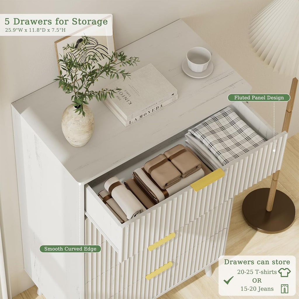 LYNSOM Fluted 5 Drawers Dresser, 45' Tall Modern Chest of Drawers with Curved Profile Design and Metal Handle, Wood Drawer Organizer for Bedroom, Living Room, Hallway, Entryway, White