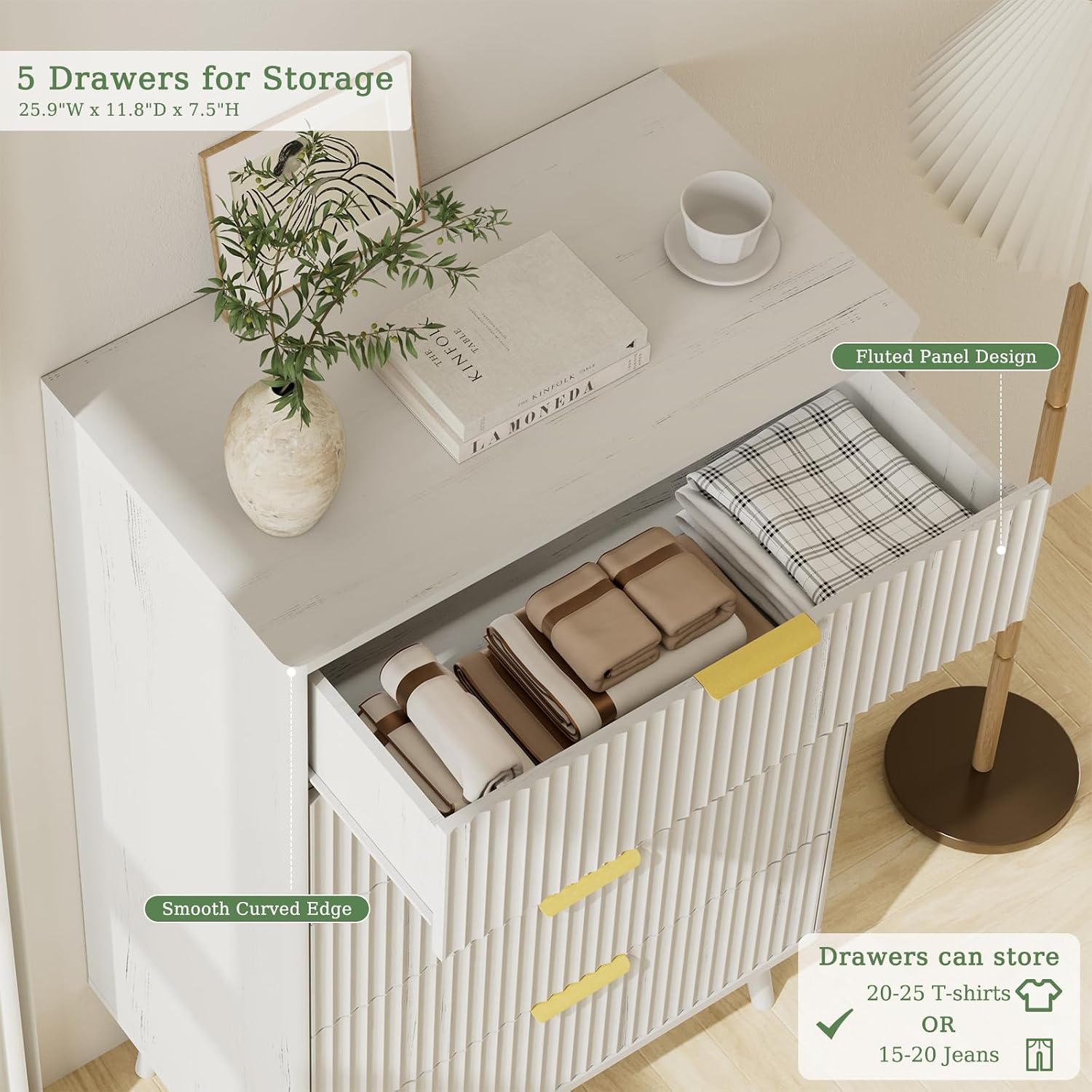 LYNSOM Fluted 5 Drawers Dresser, 45' Tall Modern Chest of Drawers with Curved Profile Design and Metal Handle, Wood Drawer Organizer for Bedroom, Living Room, Hallway, Entryway, White