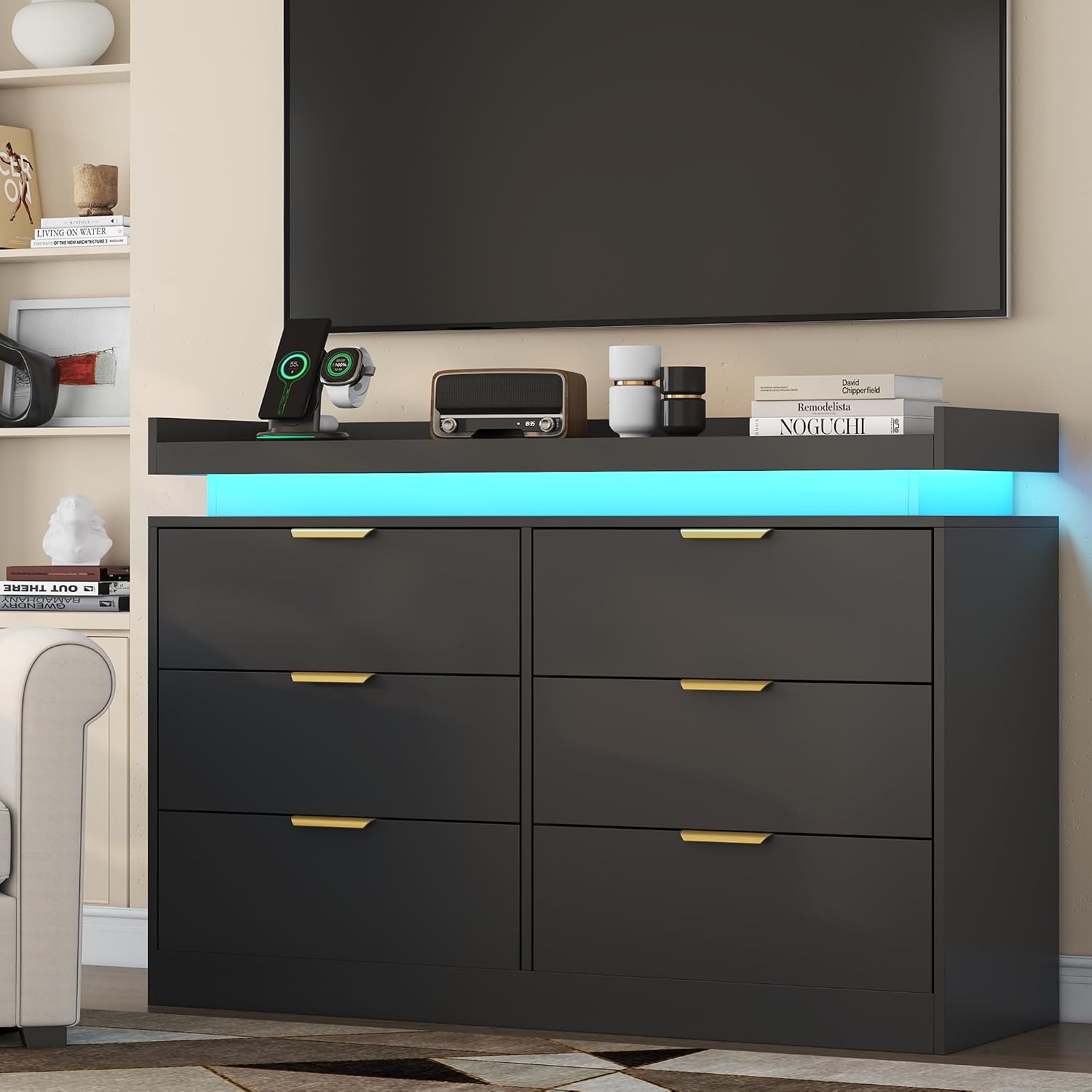 UNIQUITE 6 Drawer Dresser for Bedroom, Black Dresser with LED Lights and Power Outlet, Wooden Dressers Chests of Drawers, Double Wide Dressers for Bedroom, Entryway, Hallway