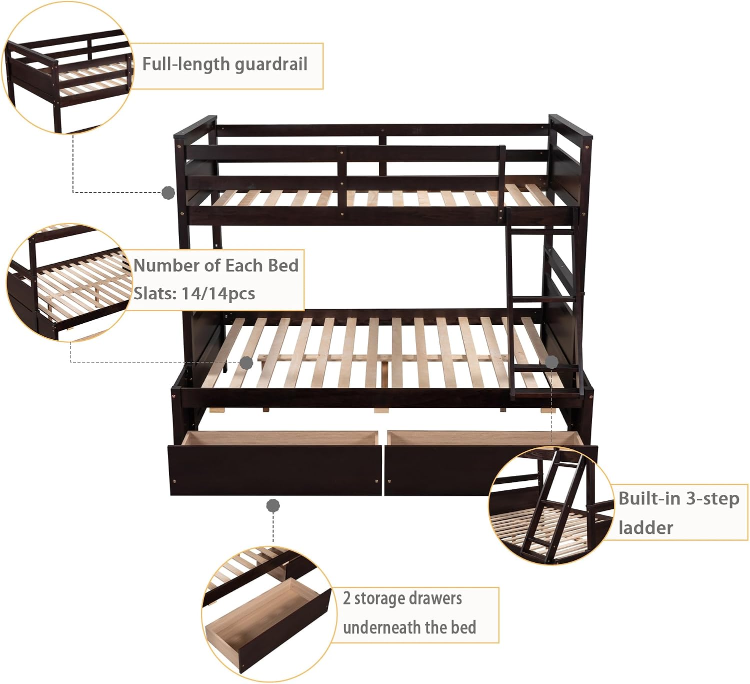 Merax Twin Over Full Bunk Bed, Wood Bunk Bed with Removable Ladders and Two Storage Drawers, Convertible into Two Individual Beds (Espresso)