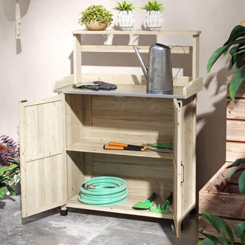 Garden Potting Bench Table with Storage Cabinet and Metal-Plated Tabletop, Top Shelves, Non-Slip Foot Mats, All-Weather Outdoor Potting Bench Work Station for Outside Lawn Patio