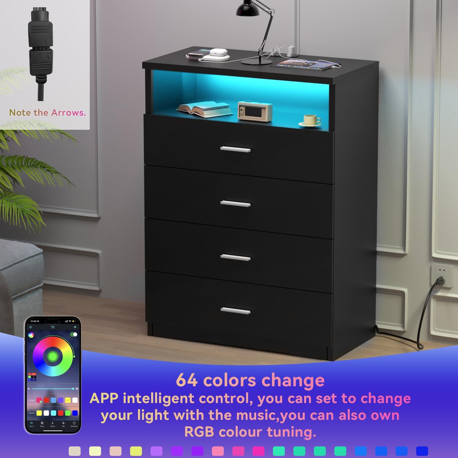 FJTJBSI Dresser with Power Outlets and LED Lights Wooden 4 Drawer Dresser with Large Organizer Tall Black Drawer for Bedroom Modern Chest of Drawers Closet for Living Room Kids Room