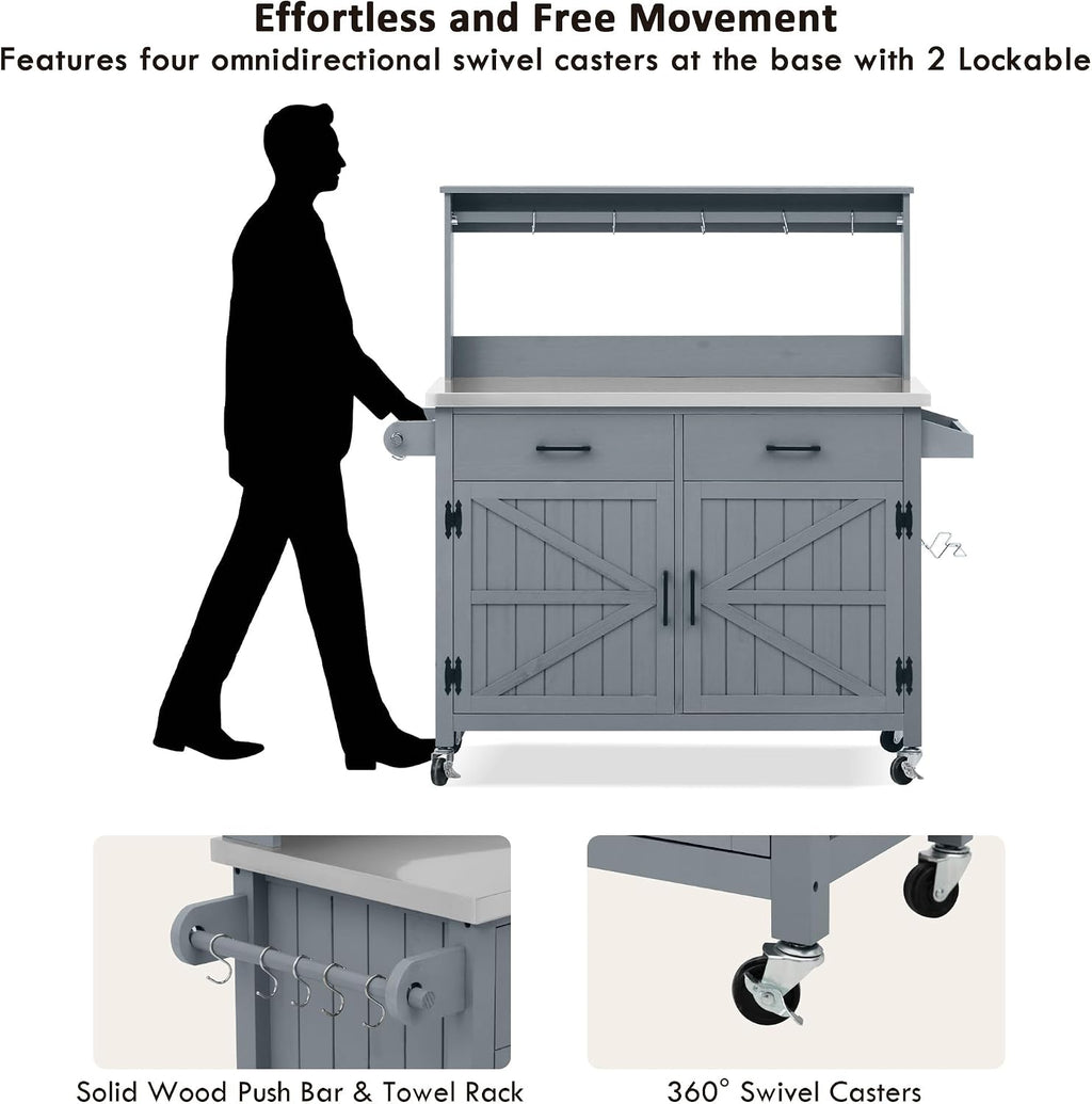 54.1' Outdoor Kitchen Island with High Shelf, Large Potting Bench Table with Stainless Steel Top, Solid Wood Grill Cart with Lockable Wheels for BBQ, Garden (Grey Blue-hs)