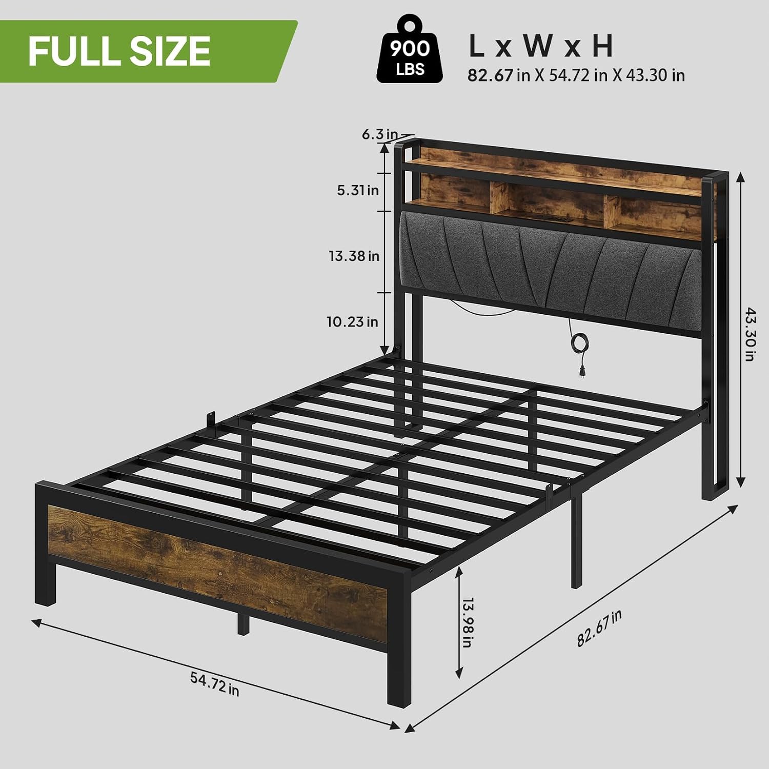 Welzona Full Size Bed Frame with Charging Station, LED Bed with Upholstered Storage Headboard, Solid and Stable, Noise Free, No Box Spring Needed, Easy Assembly, Vintage Brown