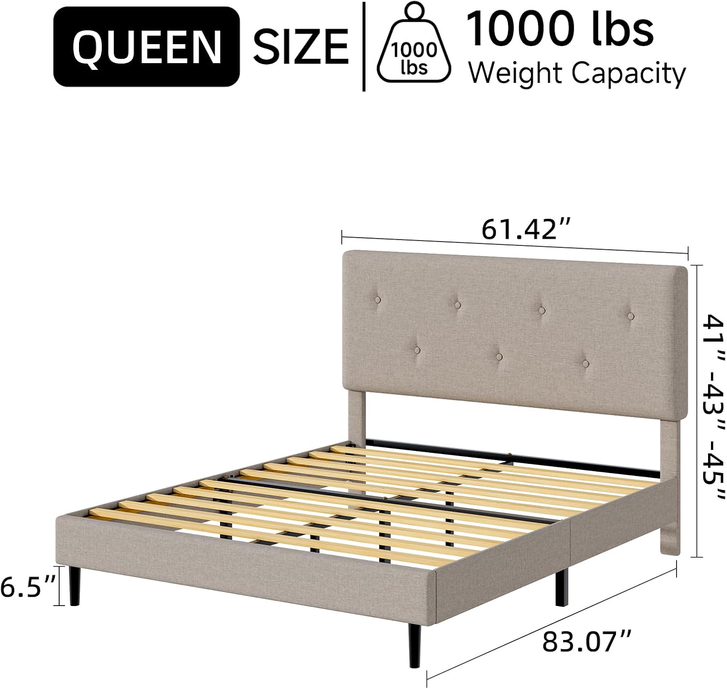 Queen Size Linen Bed Frame, Upholstered Platform Bed Frame with Adjustable Headboard, Wooden Slats Support, No Box Spring Needed, Easy Assembly, Beige