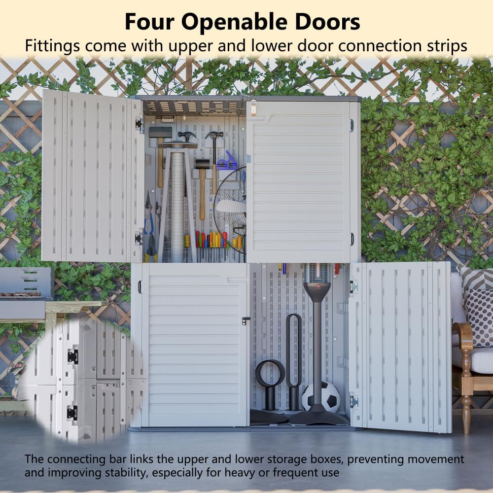 Heavy-Duty Plastic Storage Shed with Floor – Weather-Resistant Outdoor Utility Shed for Garden Tools, Lawn Equipment & Yard Supplies (L-White + Plastic-1)