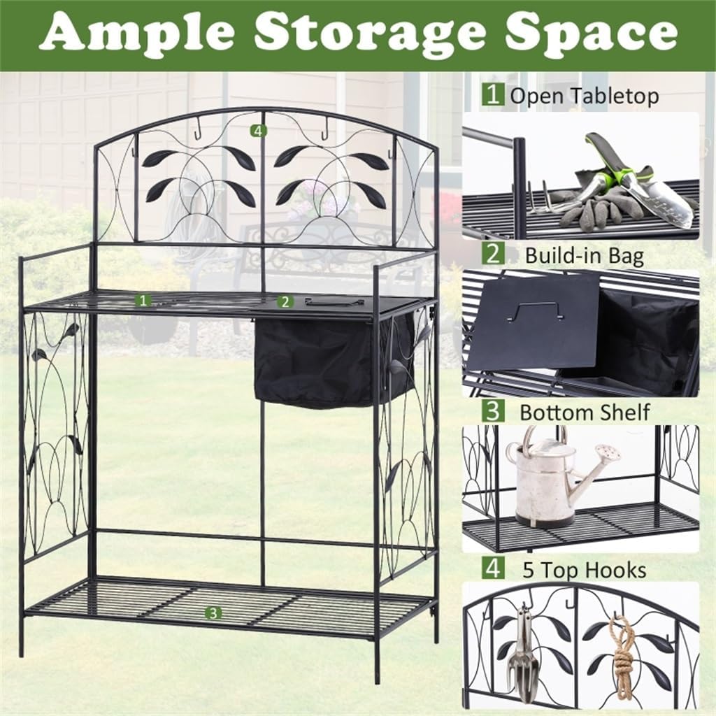 Folding Potting Bench Table, Metal Garden Workstation, Work with Large Build-in Bag with Cover， 5 Hanging Hooks