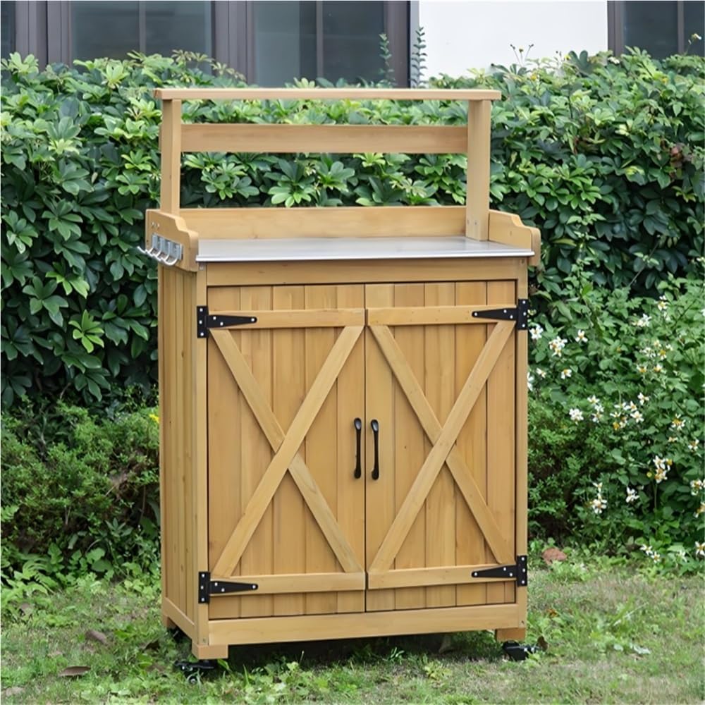 Potting Bench with Storage, Outdoor Storage Cabinet with Universal Wheels, Wooden Potting Bench Table with Metal Tabletop and Side Hooks, Outdoor Gardening Table for Terrace, Garden