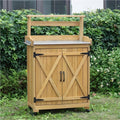 Potting Bench with Storage, Outdoor Storage Cabinet with Universal Wheels, Wooden Potting Bench Table with Metal Tabletop and Side Hooks, Outdoor Gardening Table for Terrace, Garden