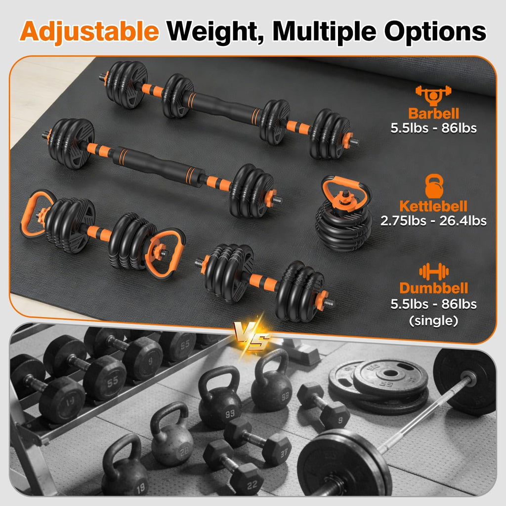 Adjustable Dumbbell Set, 33/44/66/88lbs Free Weights Set with Connector, 5 in 1 Weights Dumbbells Set Used as Barbell, Kettlebells, Push up Stand, Weight Plate, Exercise & Fitness Equipment for Home Gym Workout