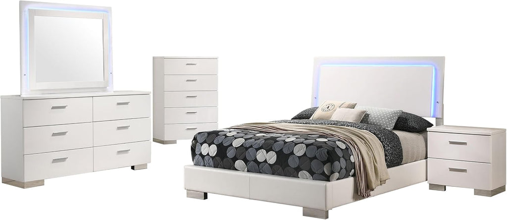 Coaster Home Furnishings Felicity Contemporary 5-Piece Bedroom Set Full Size LED Panel Bed Frame 49-inch Headboard White High Gloss 203500F-S5L