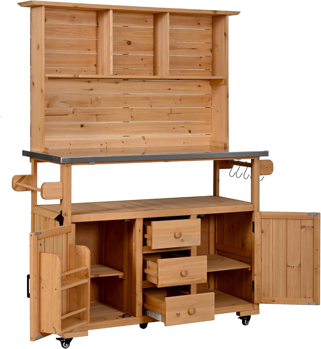 65''H Large Garden Storage Potting Bench with Lockable Wheels, Wood Outdoor Kitchen Island with Stainless Steel top, Drawers, Door Shelves and Hutch (Natural-Wheels)