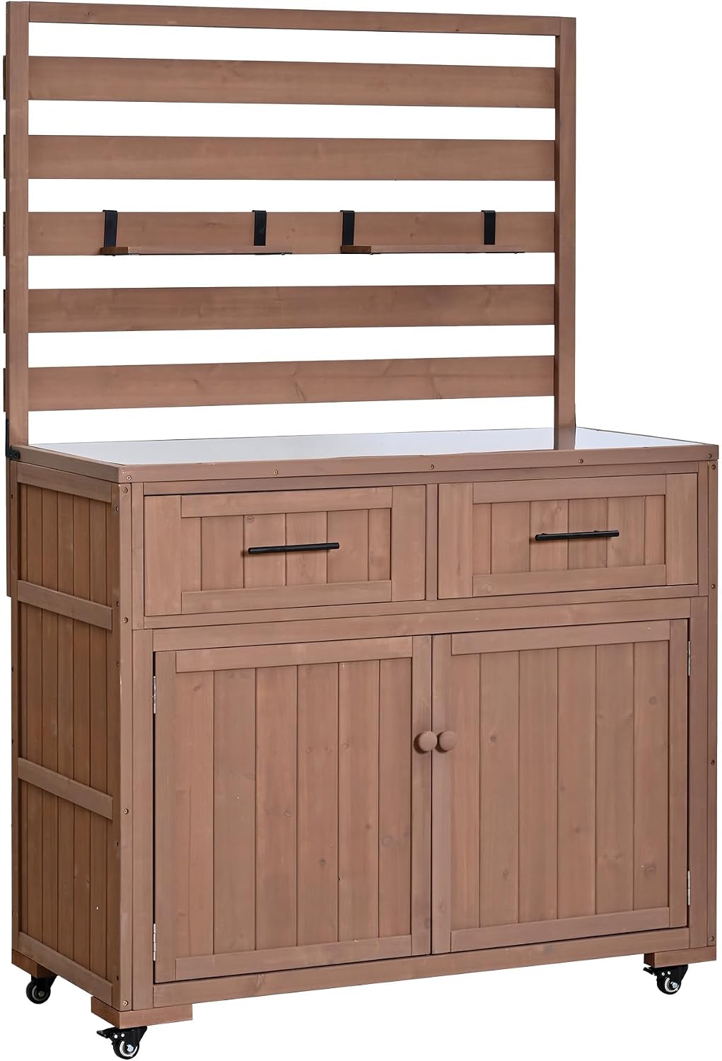 Roomfitters 64.9' Garden Potting Bench with Stainless Steel Top, Rolling Outdoor BBQ Prep Station, Storage Hutch, Drawers, Brown
