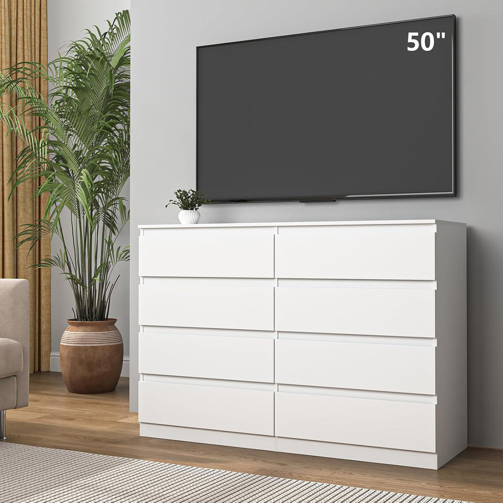 Vibe & Dine 8 Drawer Double Dresser, Modern Chest of Drawers with Wide Storage for Closet, Bedroom, Living Room, White