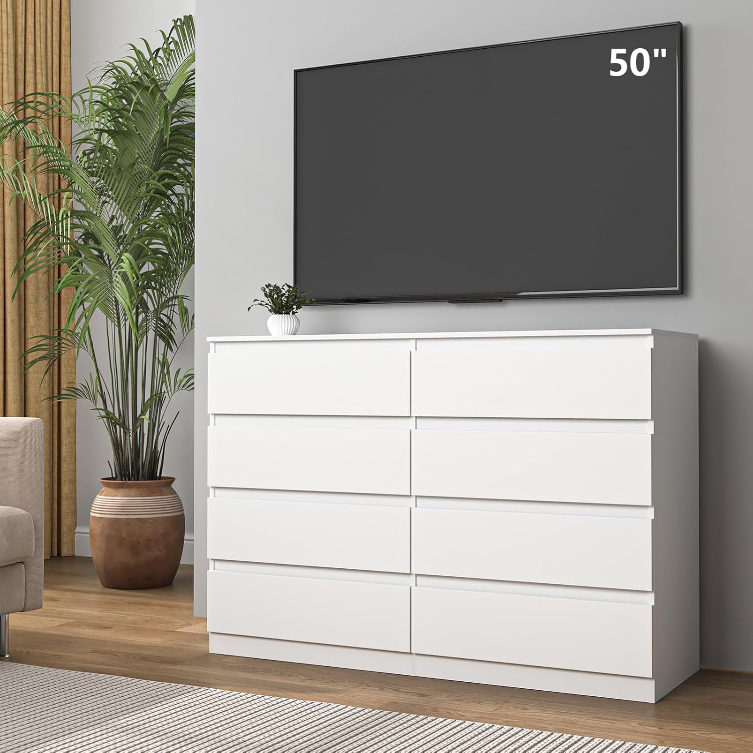 Vibe & Dine 8 Drawer Double Dresser, Modern Chest of Drawers with Wide Storage for Closet, Bedroom, Living Room, White