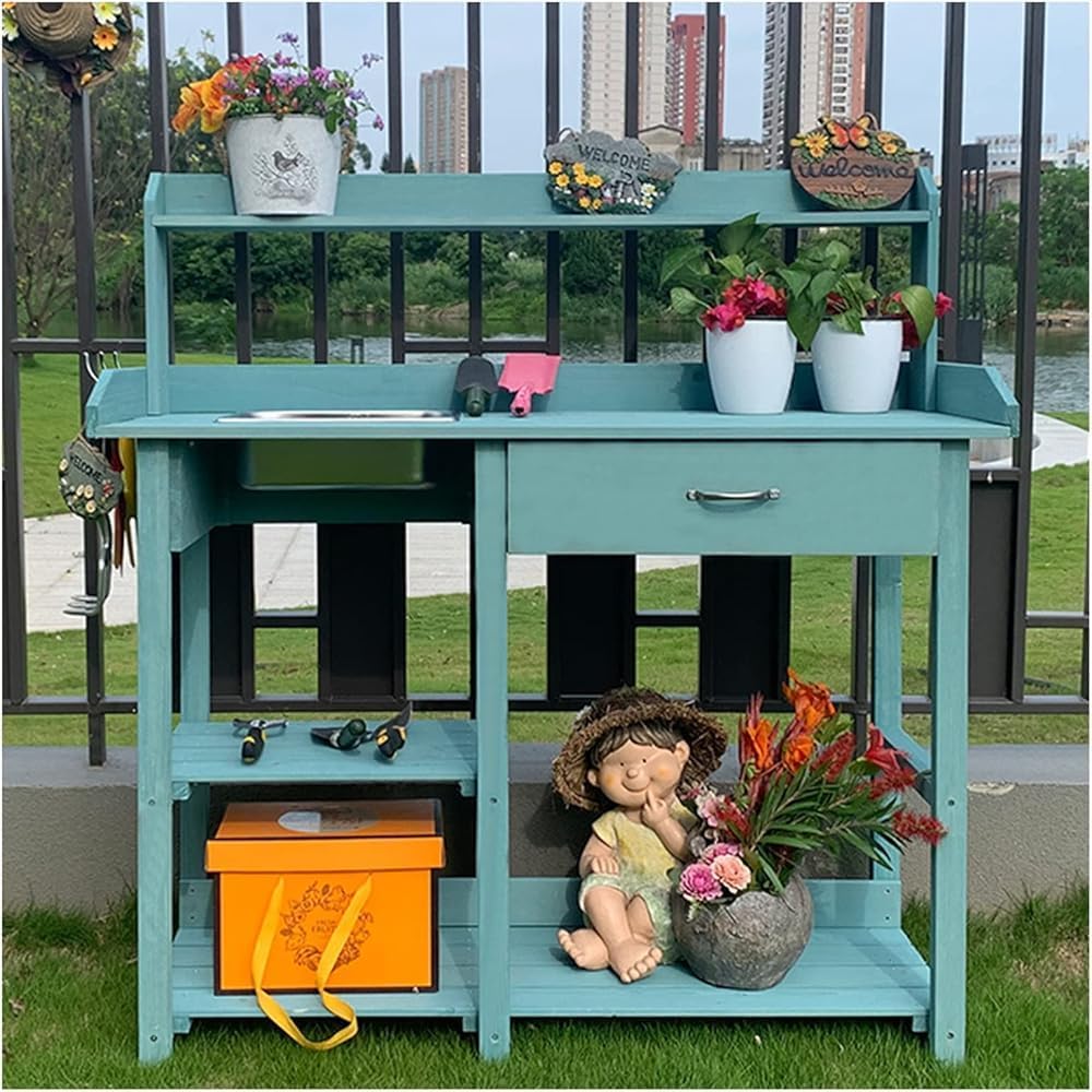 Planting Work Bench with Removable Sink - Potting Table with Storage Shelves & Drawer for Gardening