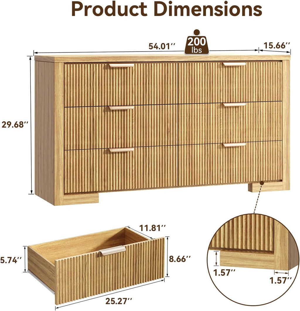 Fluted 6 Drawers Dresser for Bedroom, 54' Modern Chest of Drawers with Metal Handle, Wood Closet Clothes Storage Organizer for Living Room, Hallway, Entryway, Natural Oak