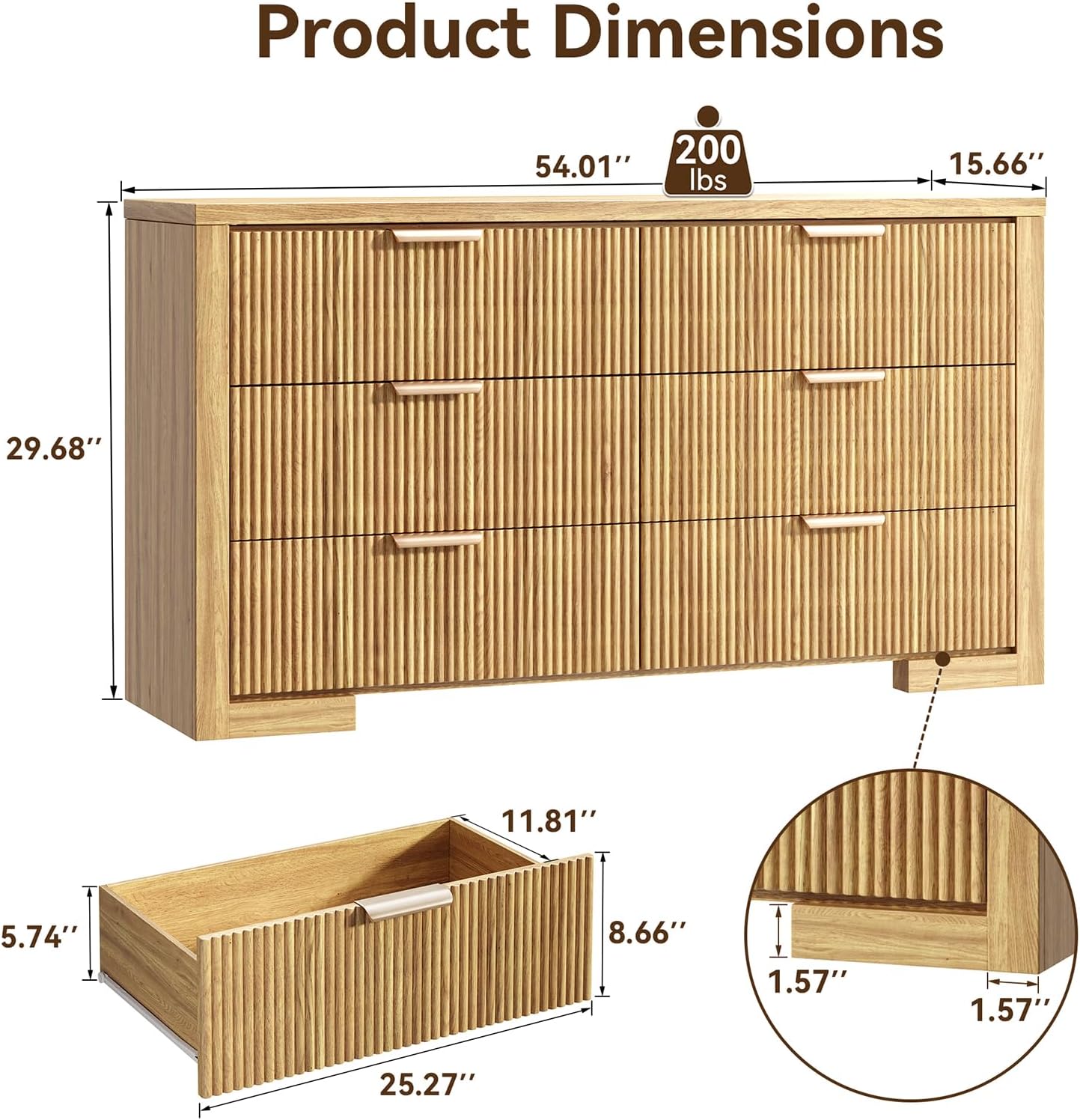Fluted 6 Drawers Dresser for Bedroom, 54' Modern Chest of Drawers with Metal Handle, Wood Closet Clothes Storage Organizer for Living Room, Hallway, Entryway, Natural Oak