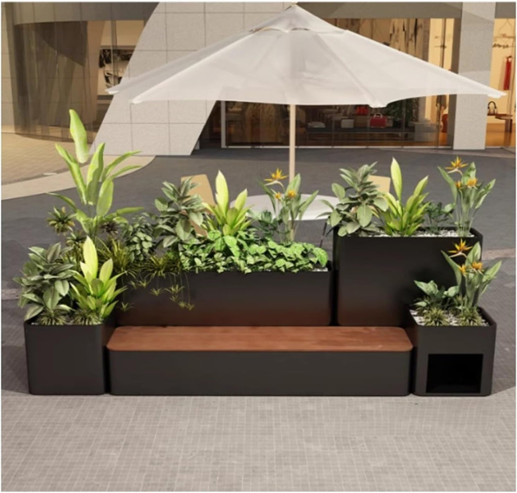 Bench with Planter Box, Large Outdoor Flowerbox with Bench, Metal Planter Box and Benchs Combination, Galvanized Sheet and Hardwood, Black Garden Bench