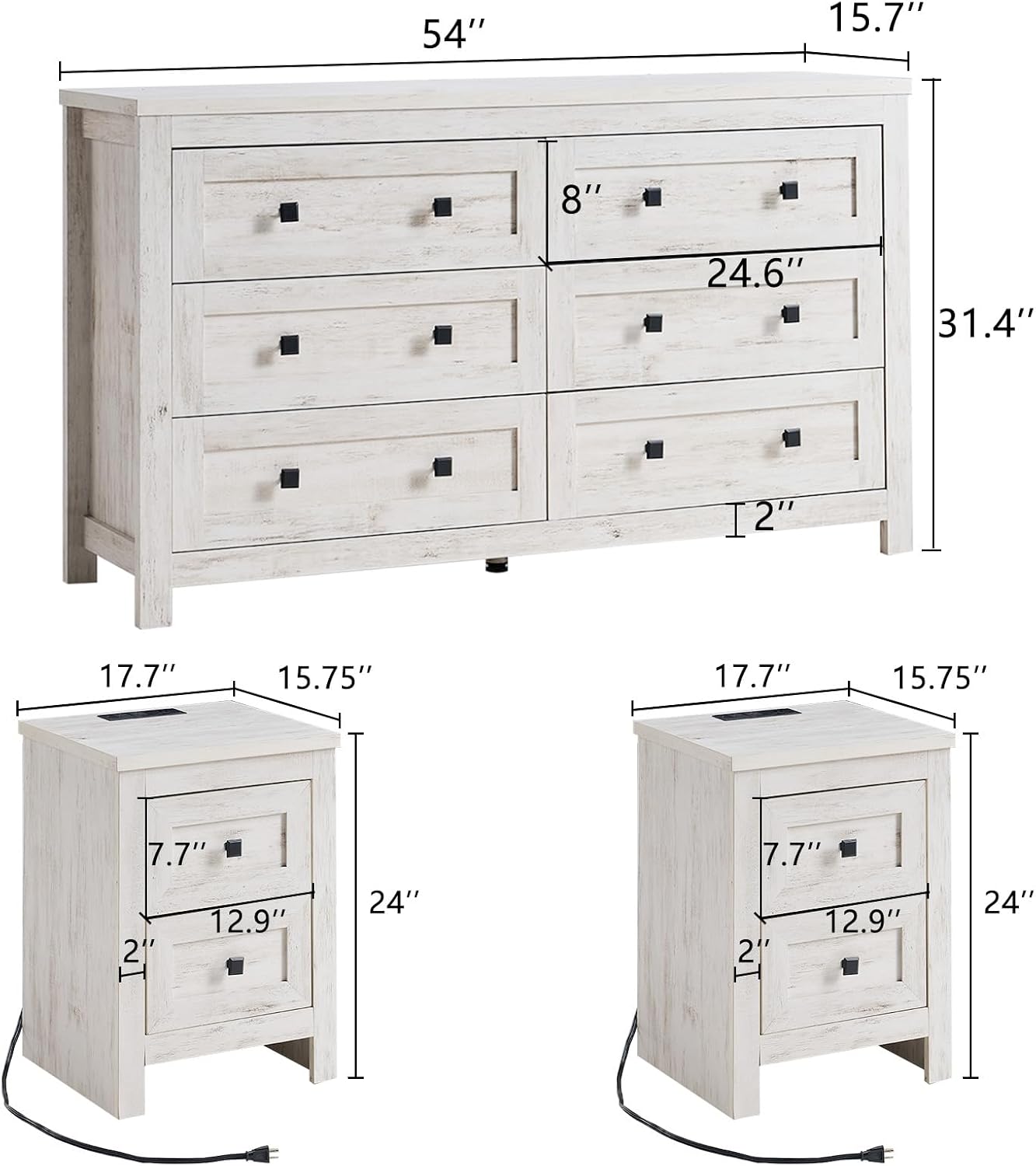 LUXOAK Bedroom Dresser and Nightstand 3 Piece Set, 1 X Wood Rustic 6 Drawer Storage Dresser, Nightstand Set of 2 with Charging Station, Farmhouse Bedroom Furniture Set, Rustic White