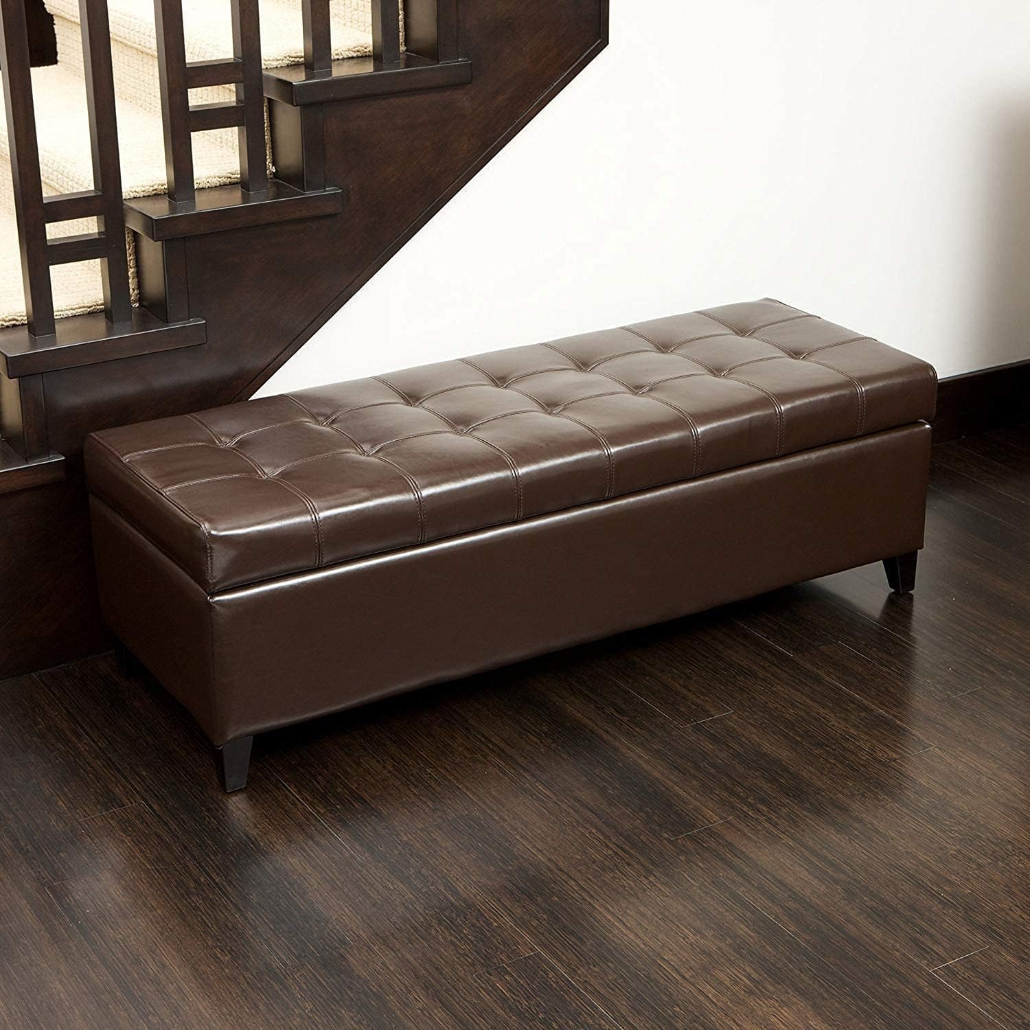 51-Inch Tufted Storage Ottoman Bench, Faux Leather Upholstered Footrest with Large Capacity, Modern End of Bed Bench for Bedroom, Living Room, Brown