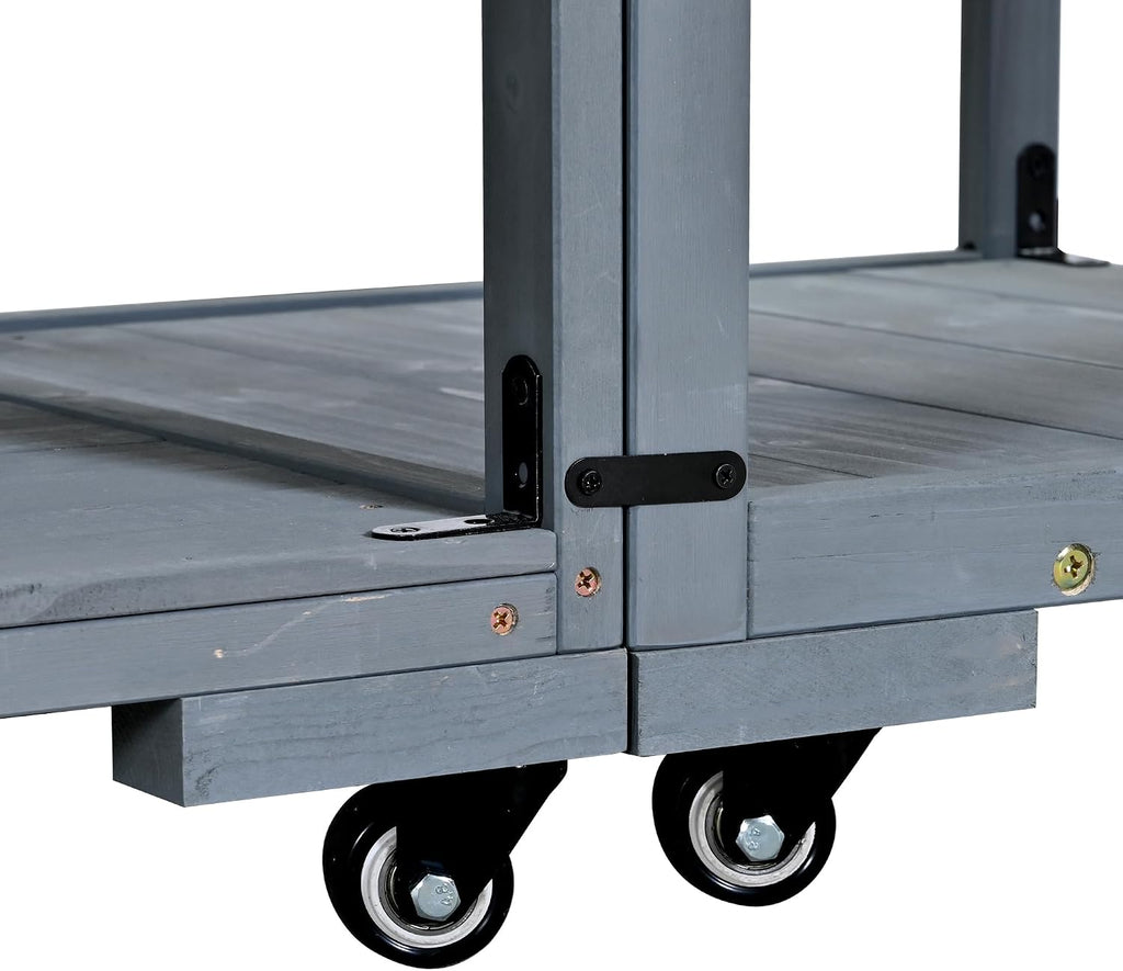 Polibi 62.3' Outdoor Kitchen Island Solid Wood BBQ Cart with Stainless Steel Top & Drawers, Heavy Duty Patio Prep Table on Wheels, 2-in-1 Garden Potting Bench for Parties, Gray