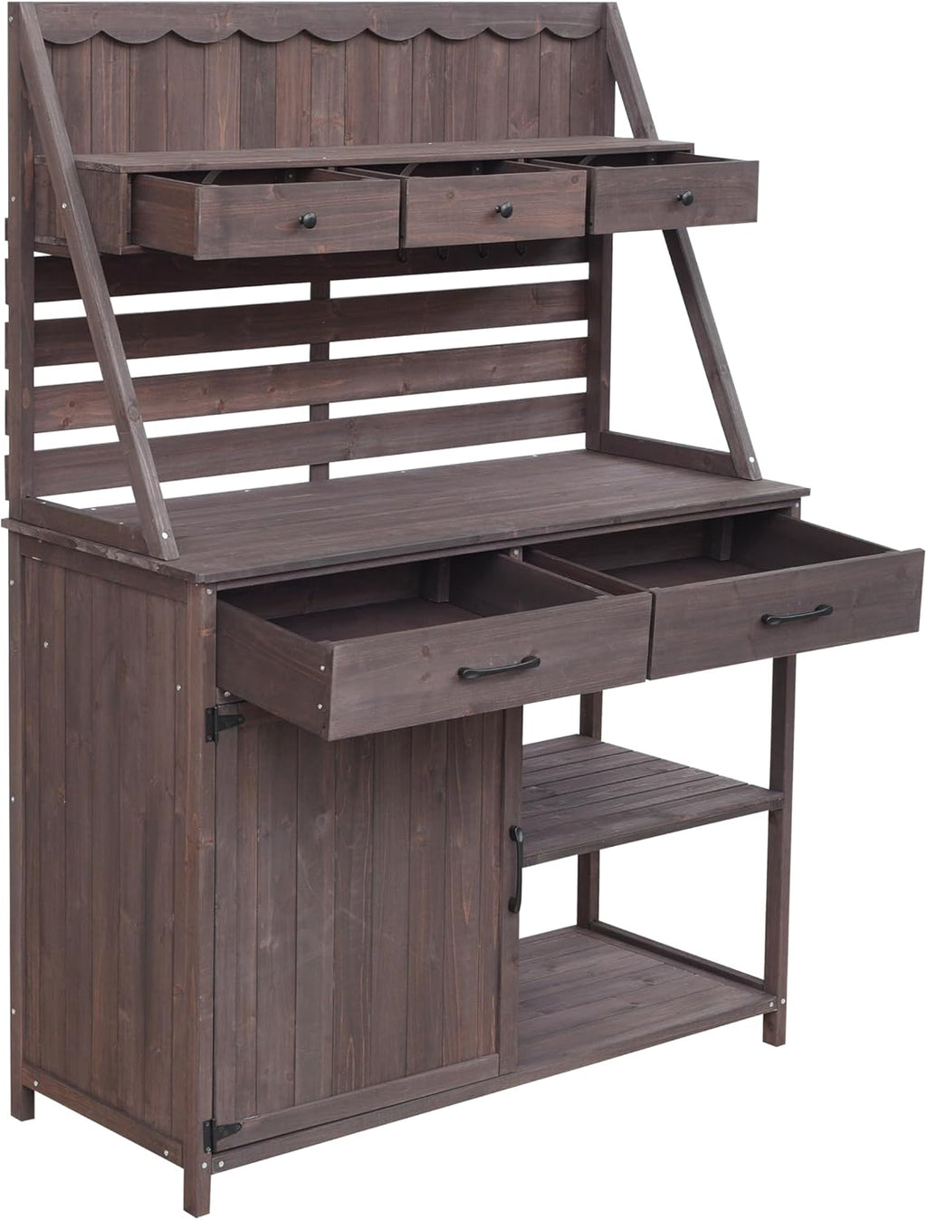 Outdoor Farmhouse Fir Wood Potting Bench Table,5-Drawer Garden Workstation with Slatted Back Panel & Storage Cabinet for Backyard, Mudroom